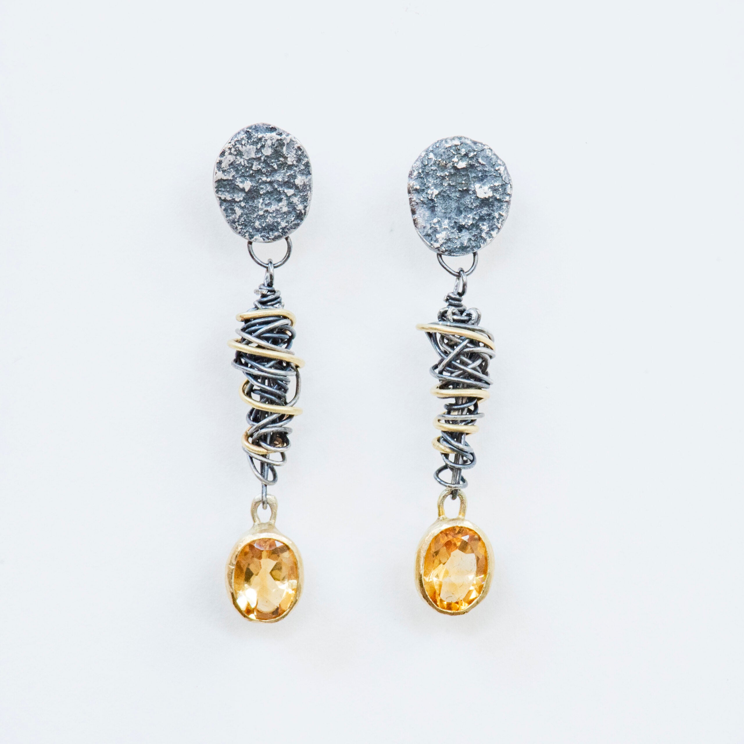 Citrine gold and silver coil disc earrings