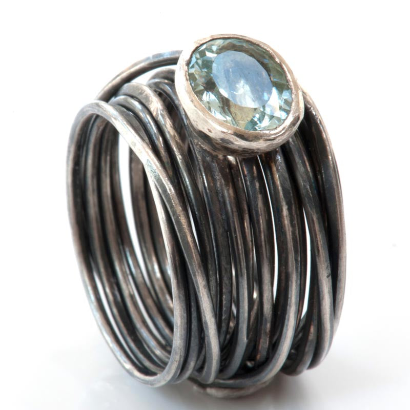 Aquamarine Oxidised Spaghetti Ring
