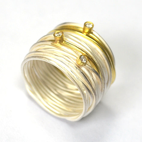 Three Diamond Three Gold Strand Spaghetti Ring