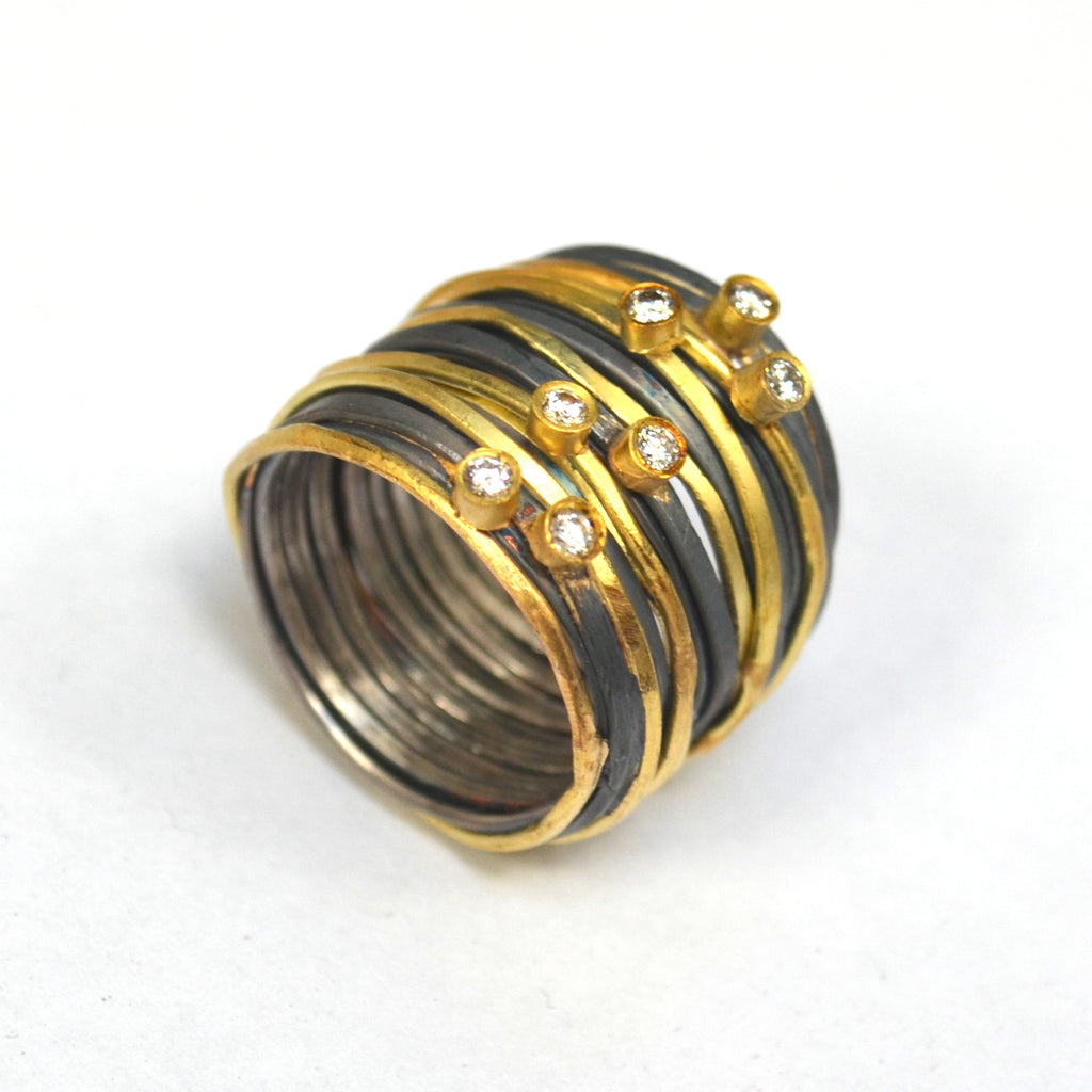 Seven Diamond Seven 18k Gold Strand Oxidised Silver Spaghetti Ring by Disa Allsopp