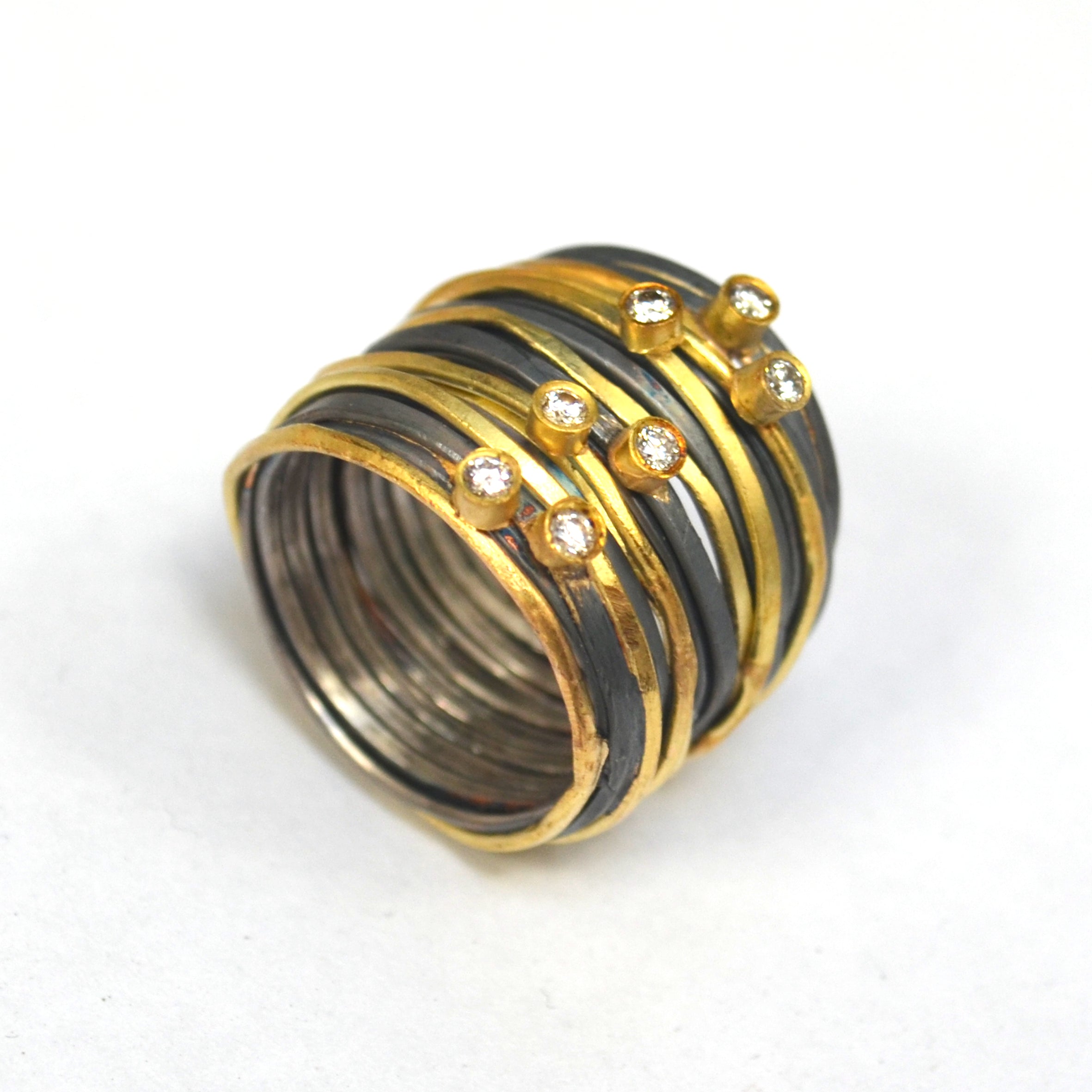 Seven Diamond Seven 18k Gold Strand Oxidised Silver Spaghetti Ring by Disa Allsopp
