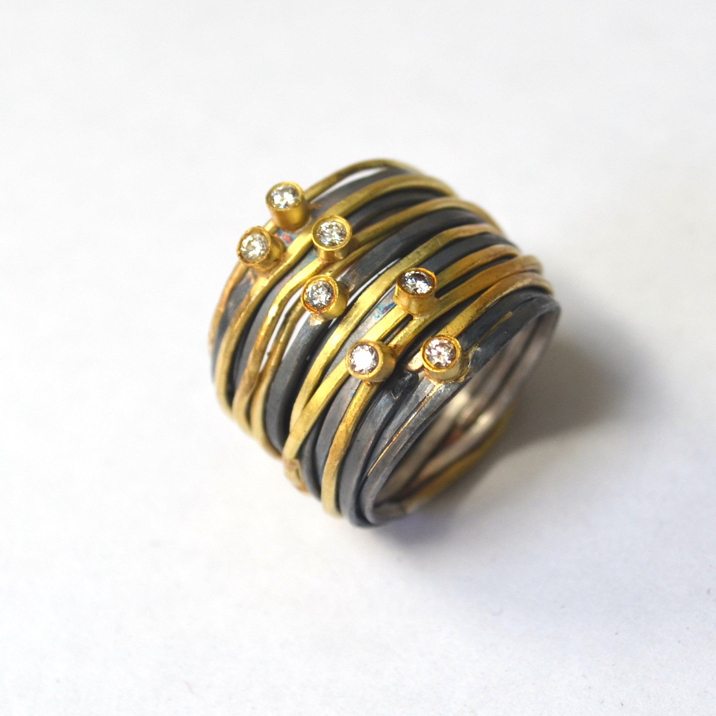 Seven Diamond Seven 18k Gold Strand Oxidised Silver Spaghetti Ring by Disa Allsopp