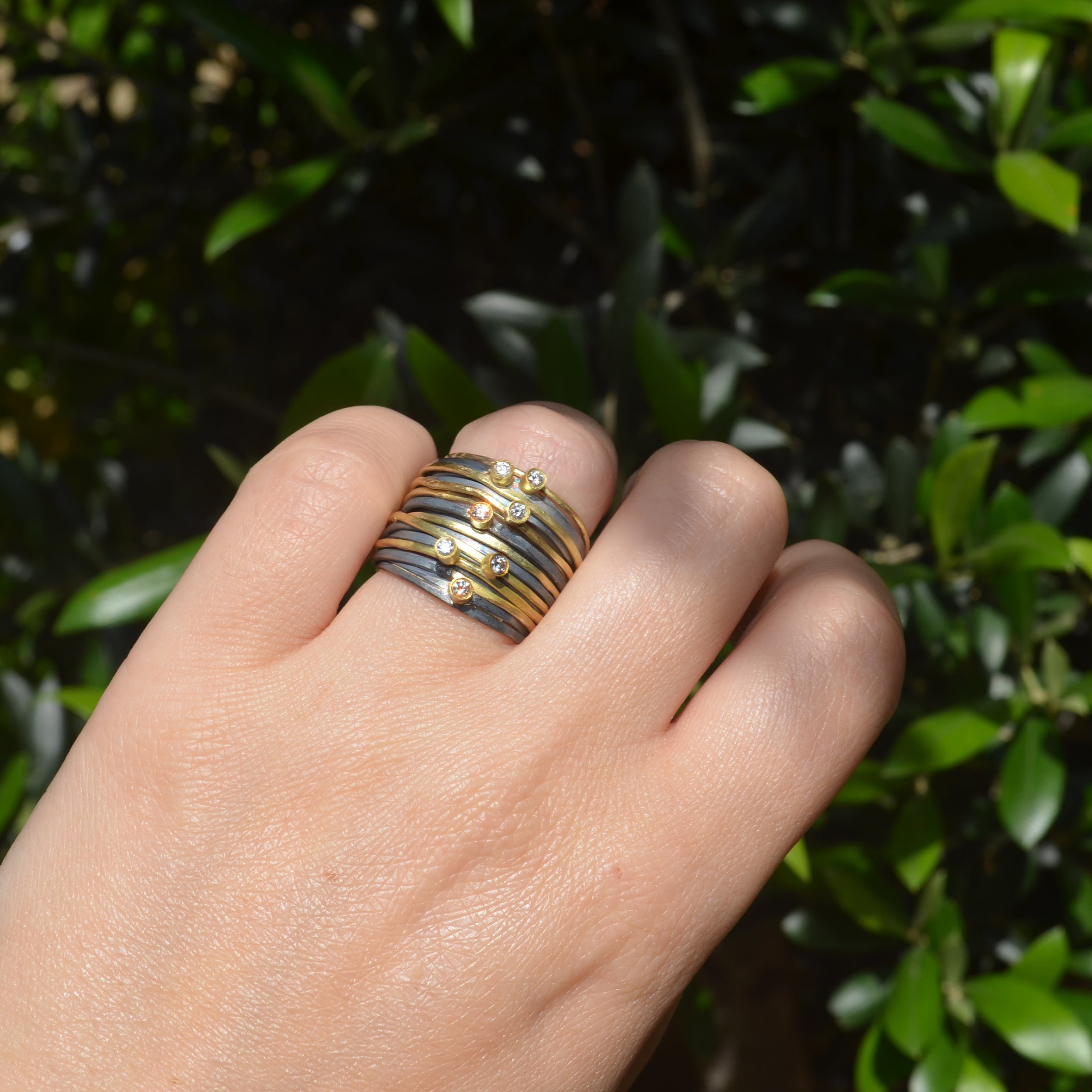 Seven Diamond Seven 18k Gold Strand Oxidised Silver Spaghetti Ring by Disa Allsopp