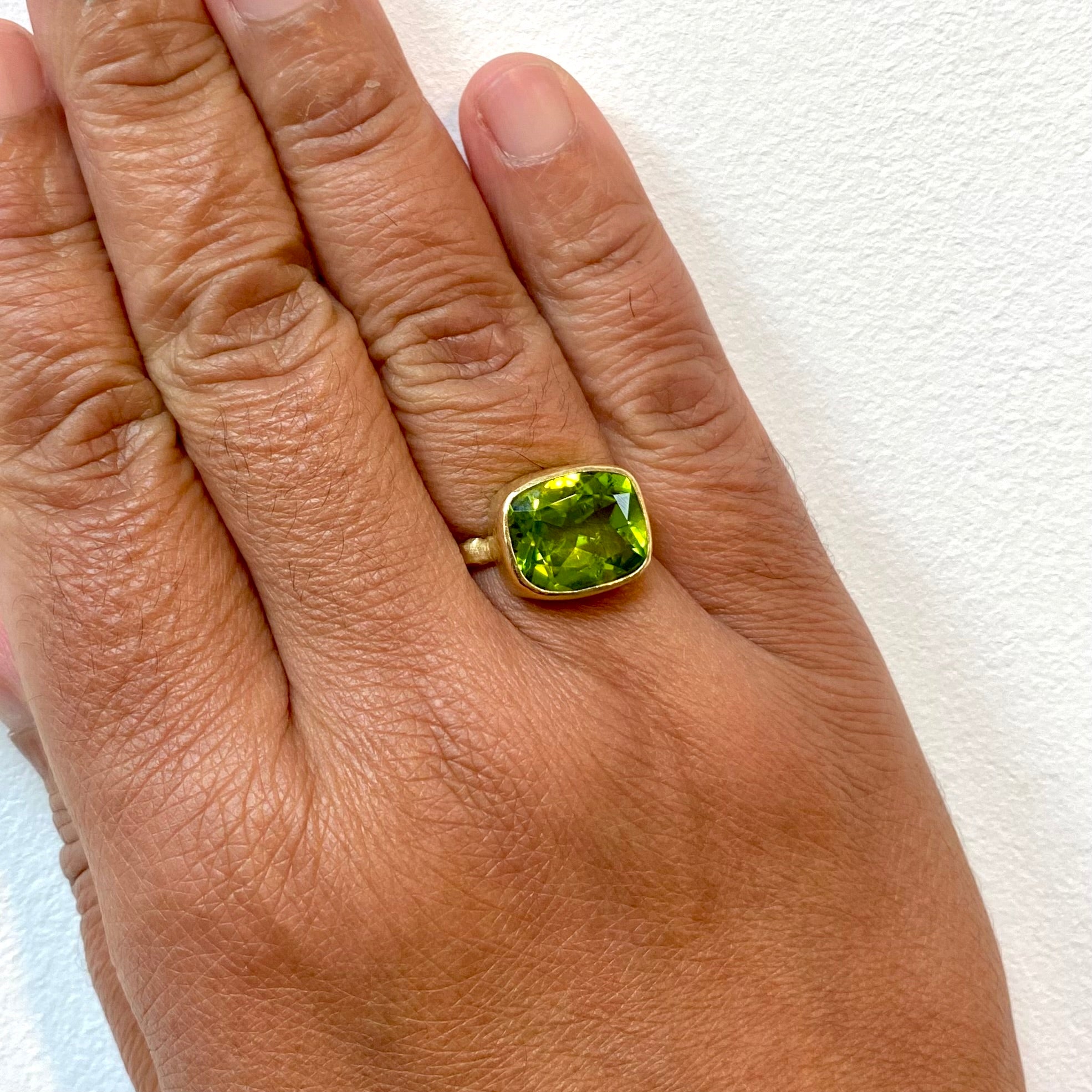 Cushion Cut Peridot Gold Ring by Disa Allsopp