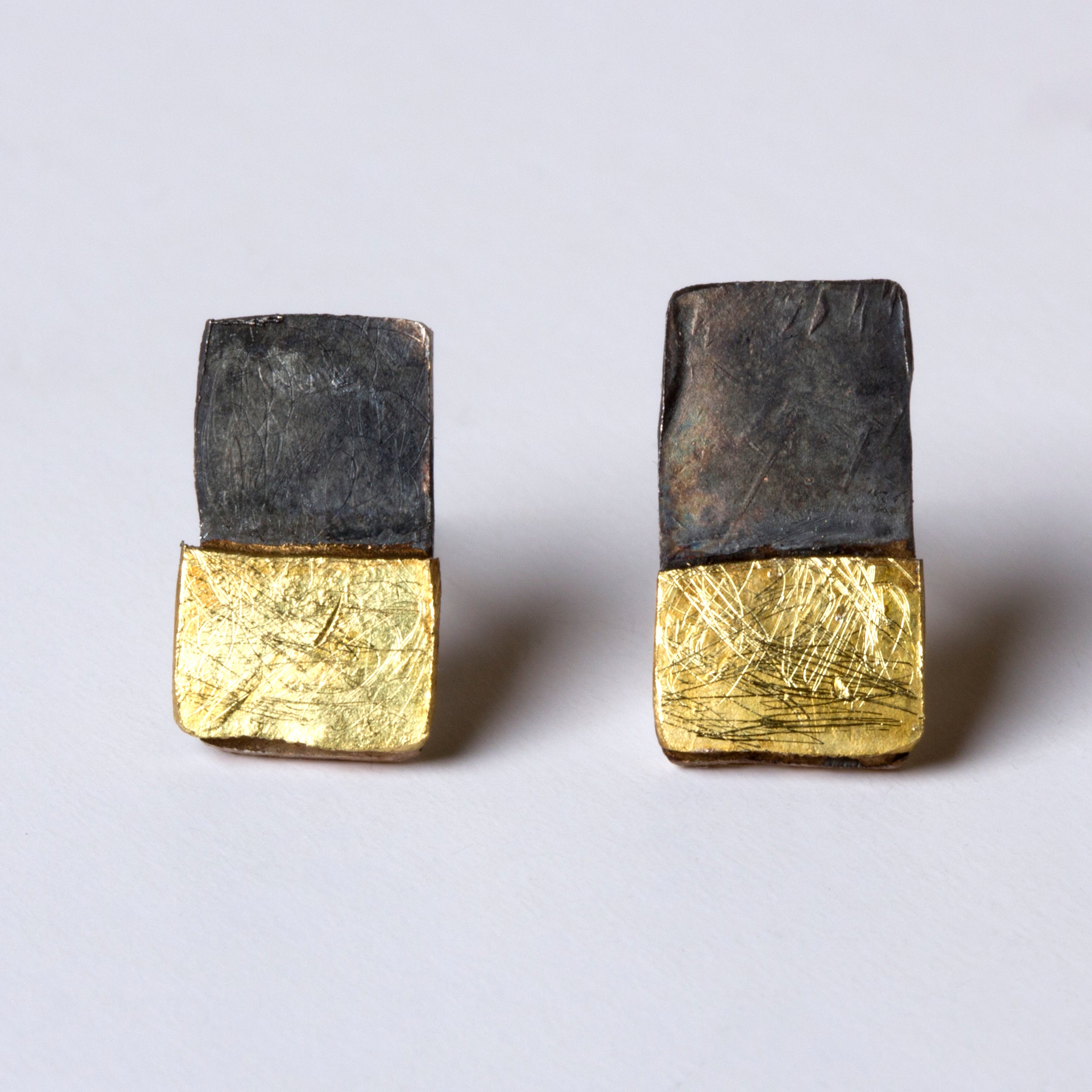 Oxidised Silver Rectangular Studs with Gold Base