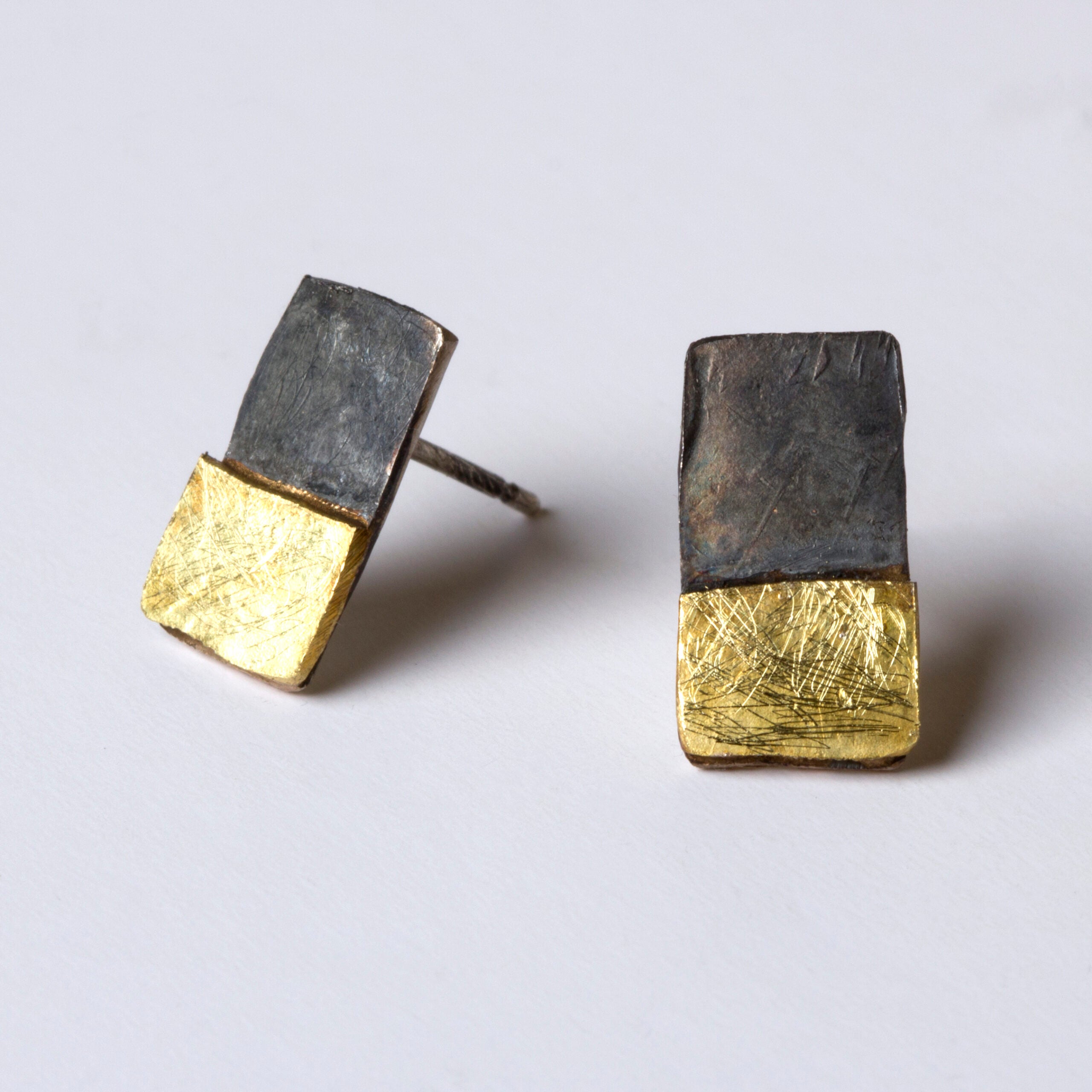Oxidised Silver Rectangular Studs with Gold Base