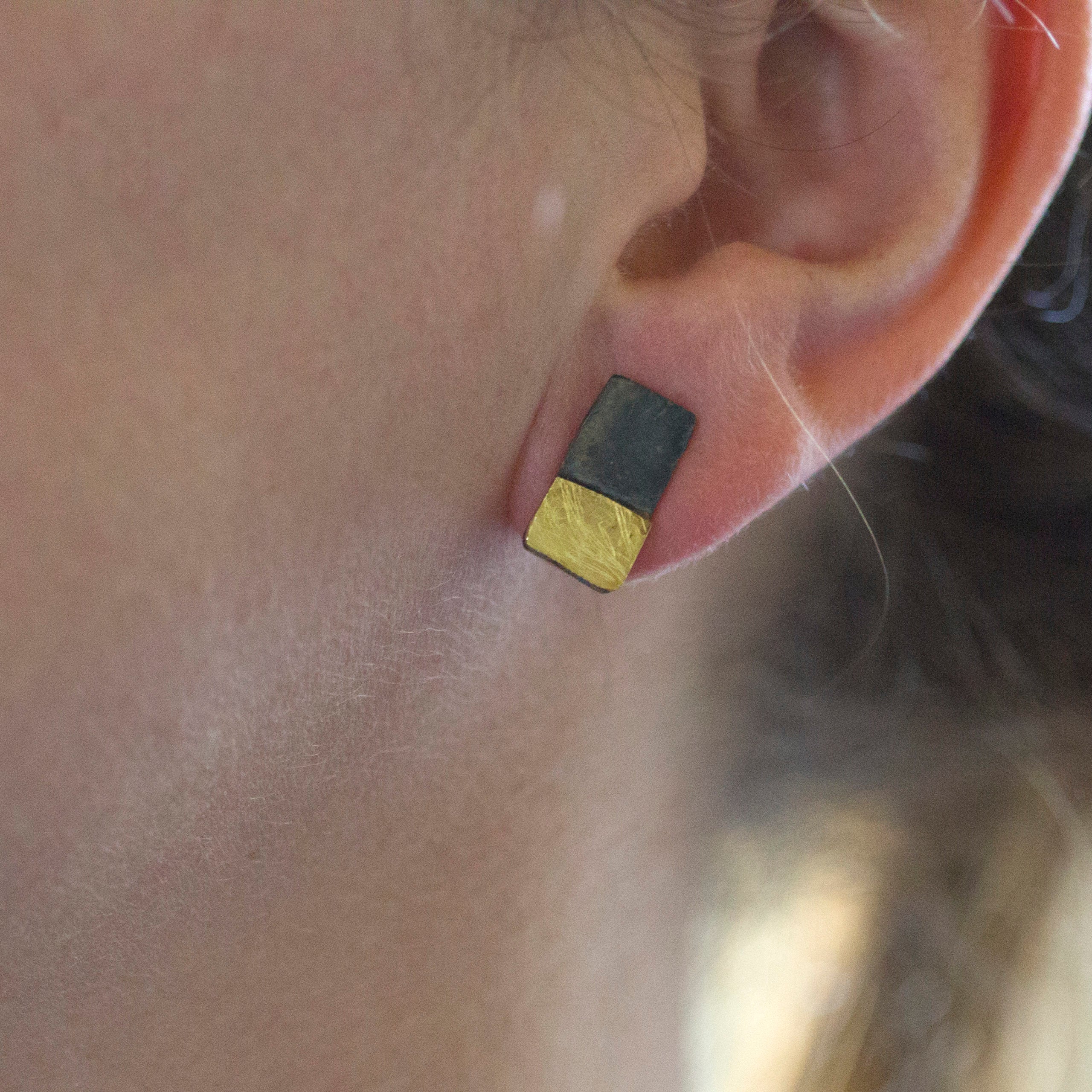 Oxidised Silver Rectangular Studs with Gold Base
