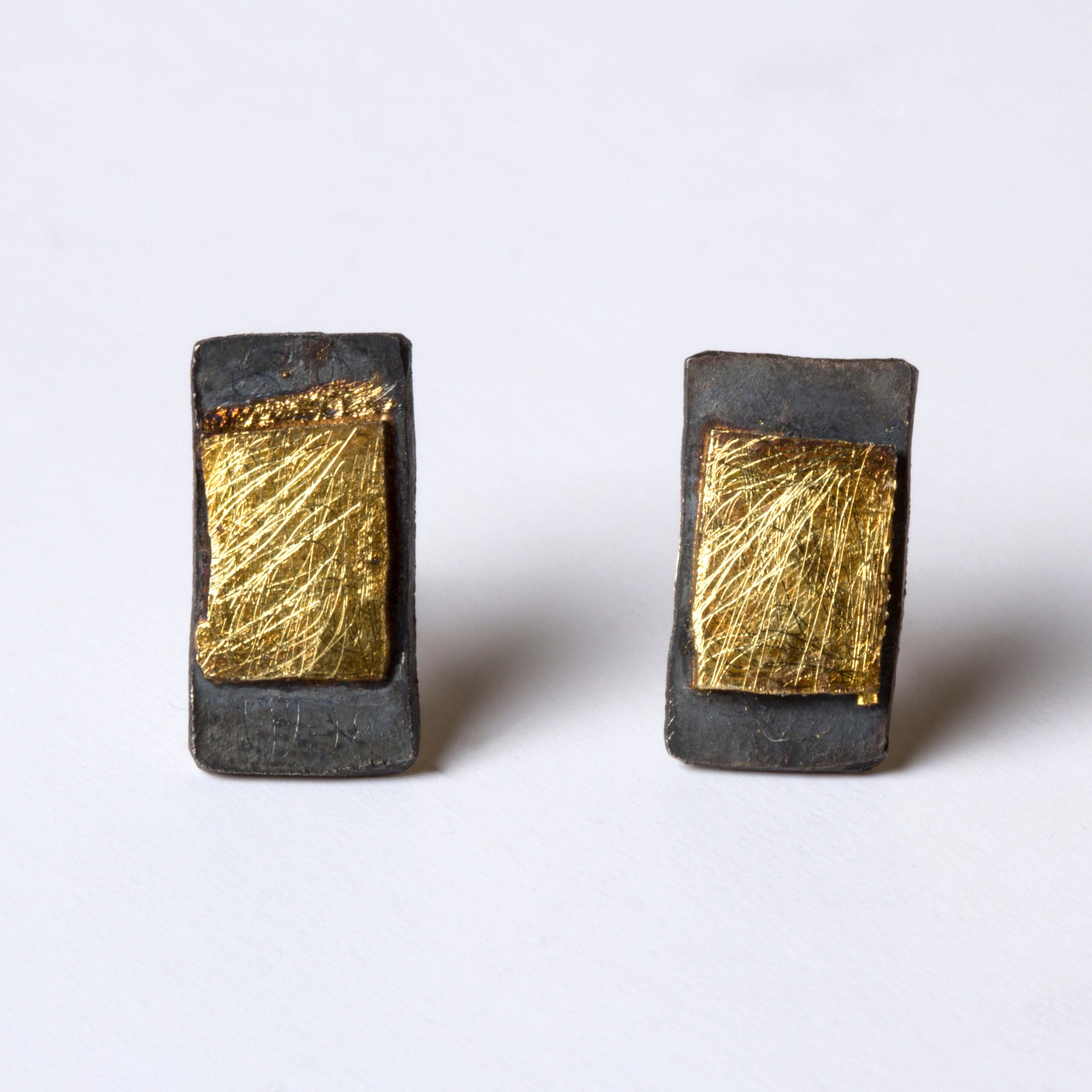 Oxidised Silver Rectangular Studs with Gold