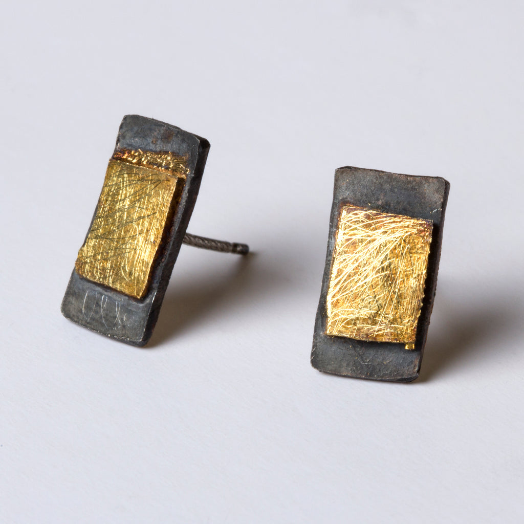 Oxidised Silver Rectangular Studs with Gold