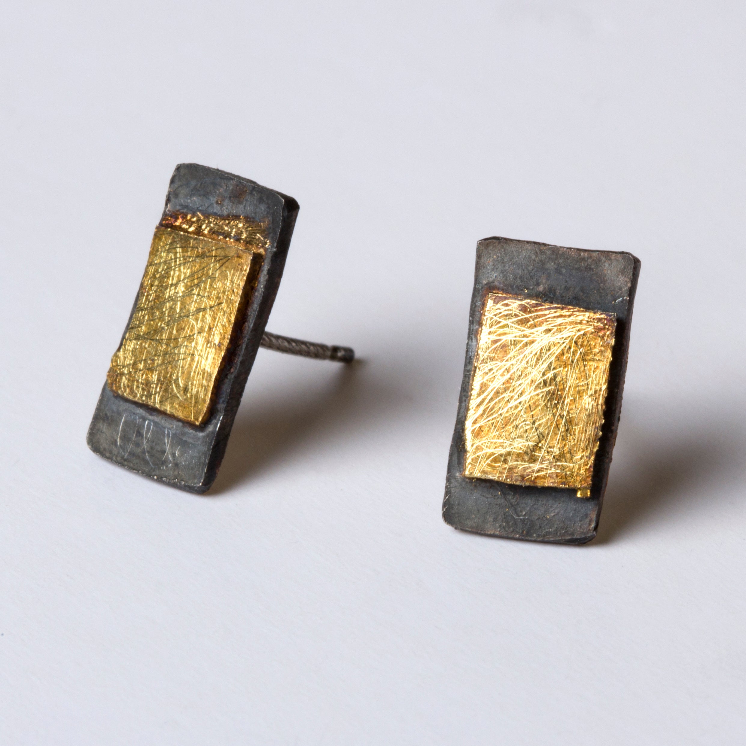 Oxidised Silver Rectangular Studs with Gold