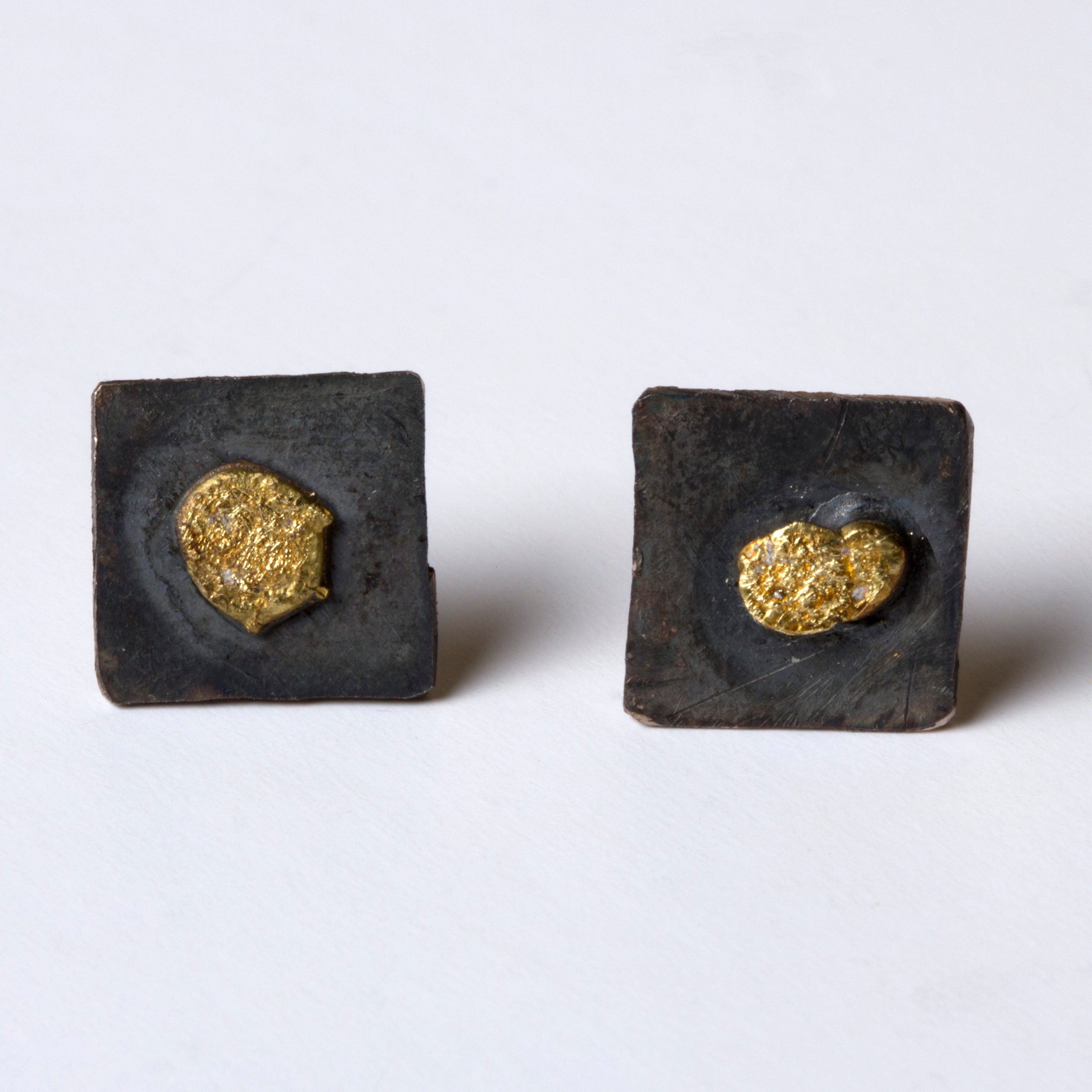 Oxidised Square Studs with Gold