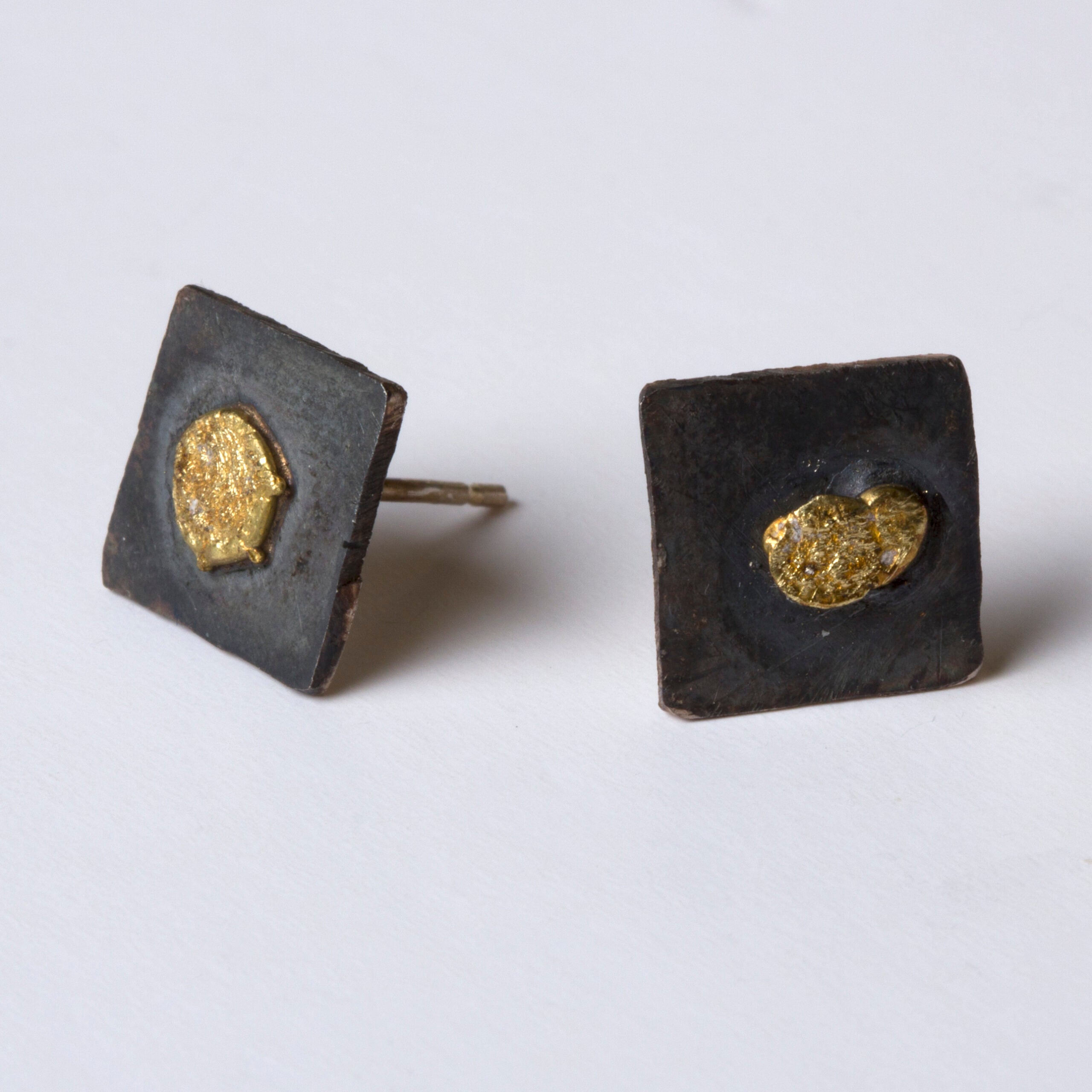 Oxidised Square Studs with Gold