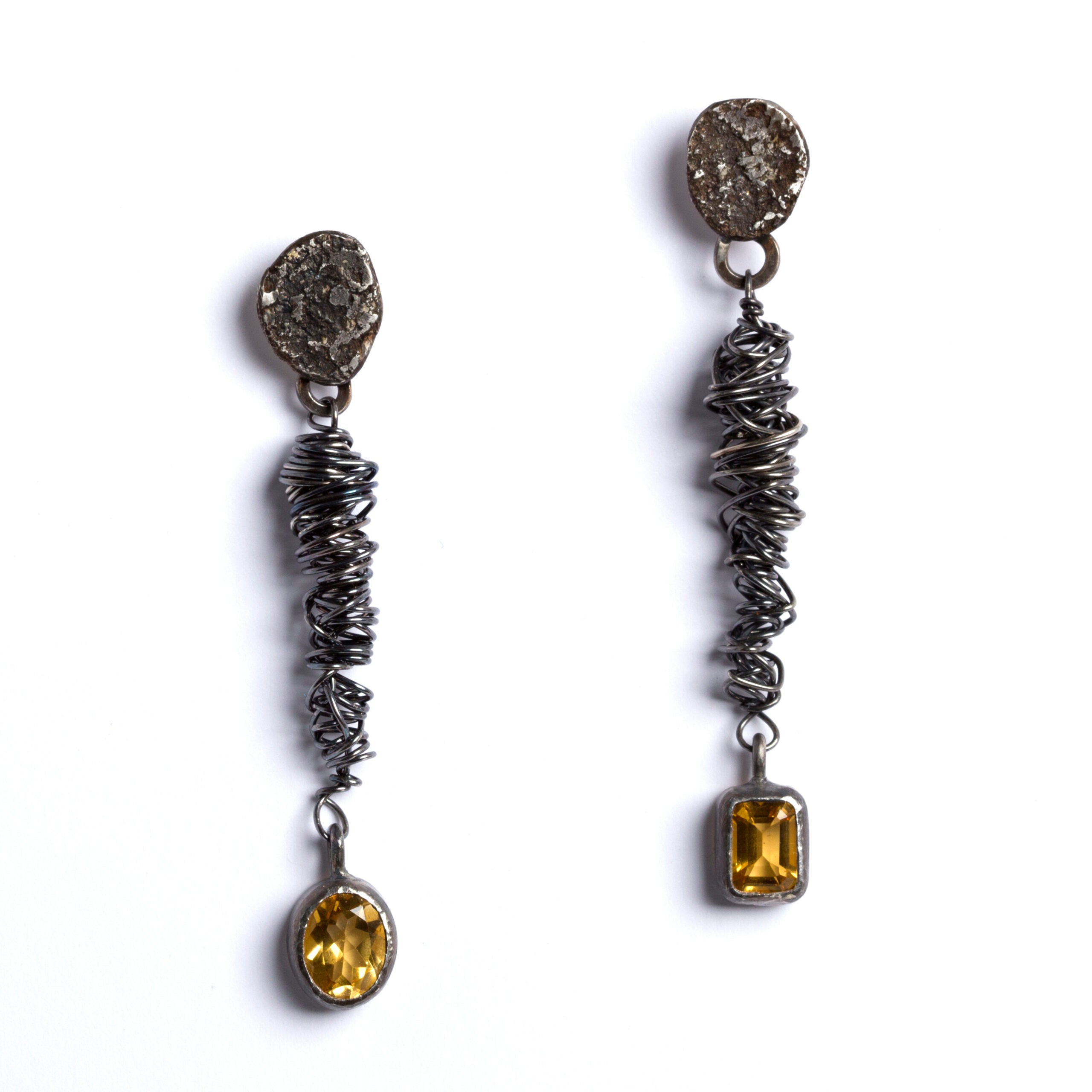Citrine Spaghetti Oxidised Earrings