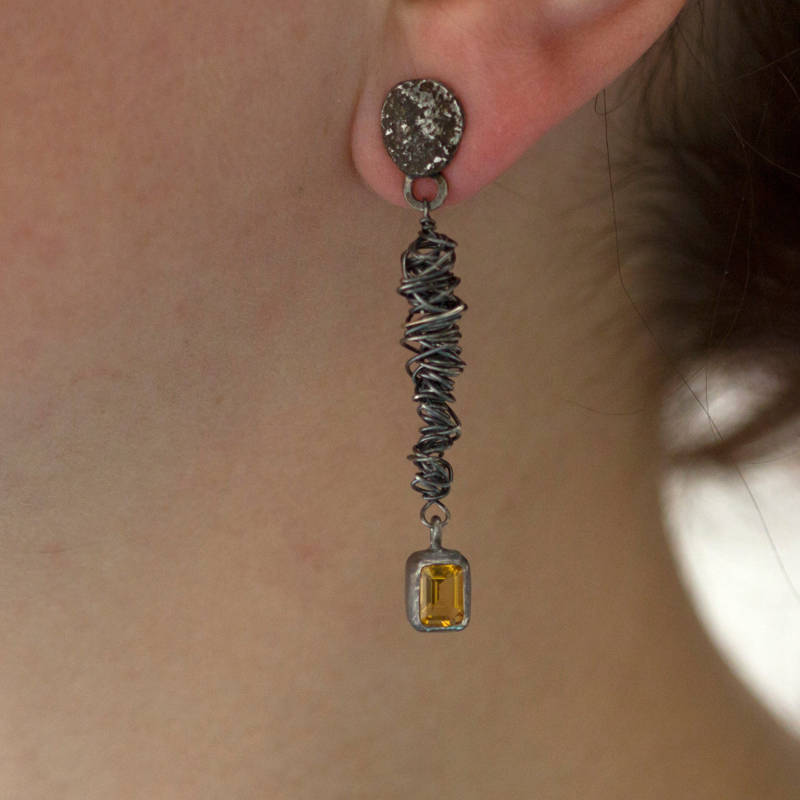 Citrine Spaghetti Oxidised Earrings