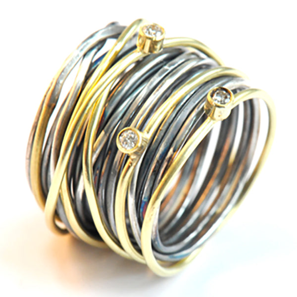 Three Diamond Five Strand 18k Gold Oxidised Spaghetti Ring by Disa Allsopp