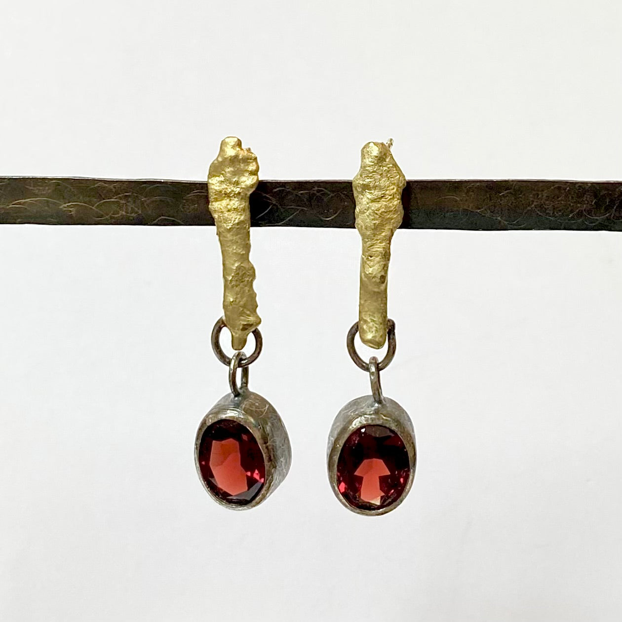 Gold Bar and Oxidised Silver Garnet Drop Earrings
