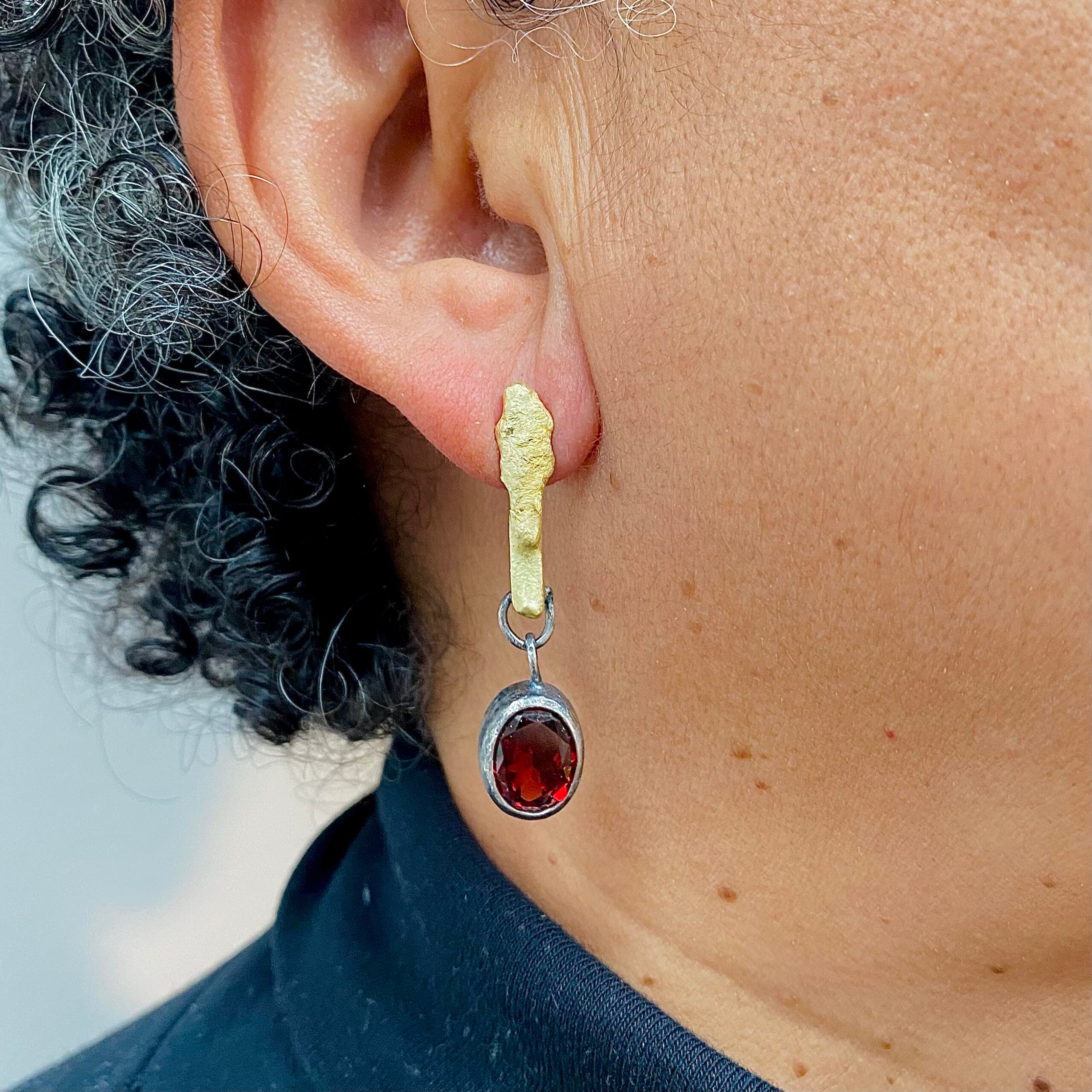 Gold Bar and Oxidised Silver Garnet Drop Earrings