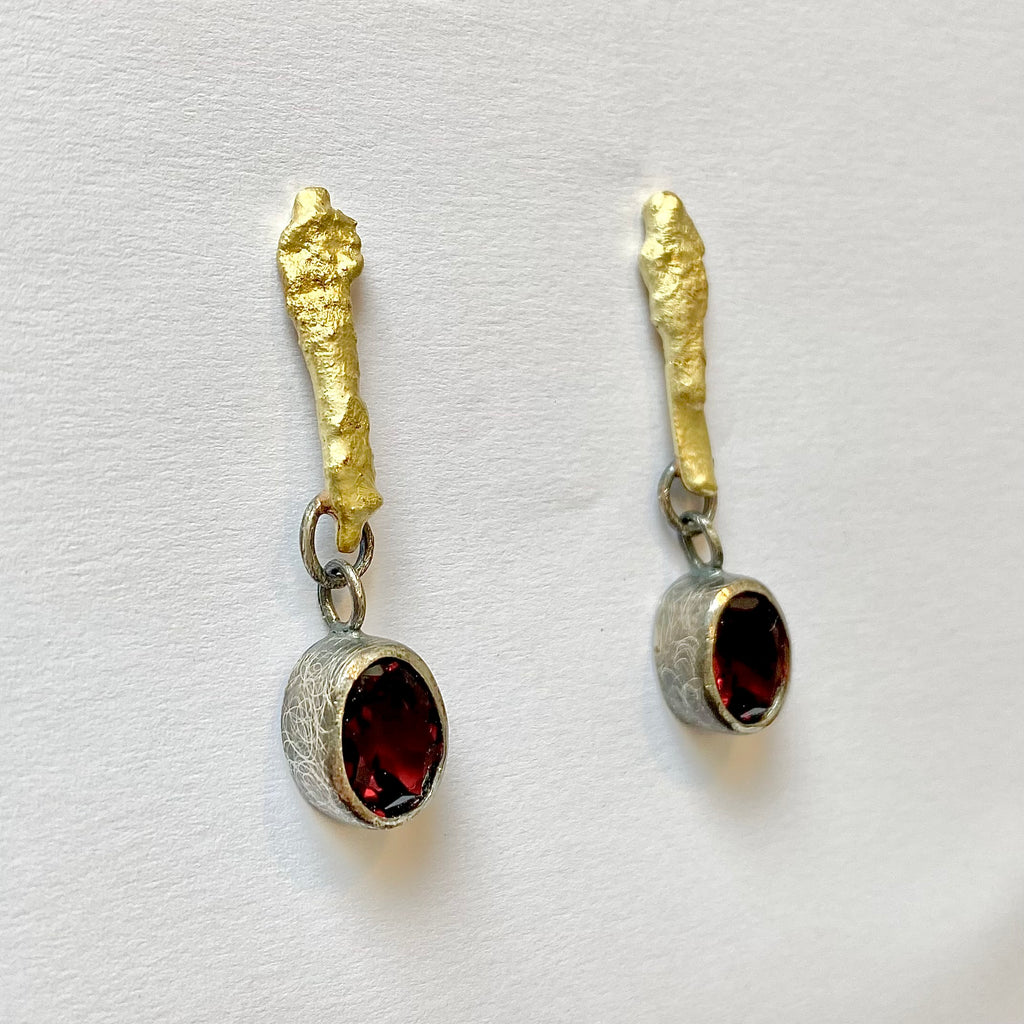 Gold Bar and Oxidised Silver Garnet Drop Earrings