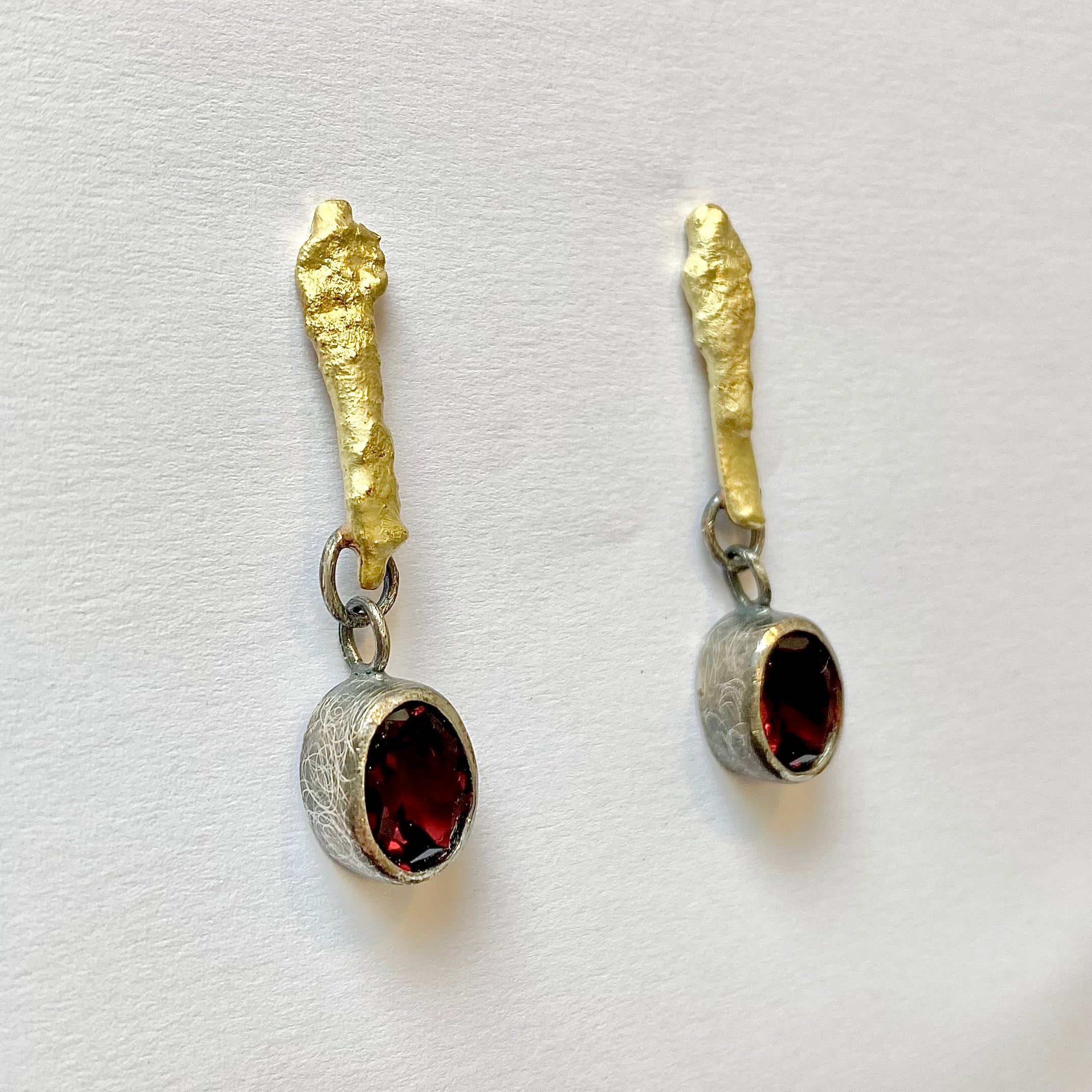 Gold Bar and Oxidised Silver Garnet Drop Earrings