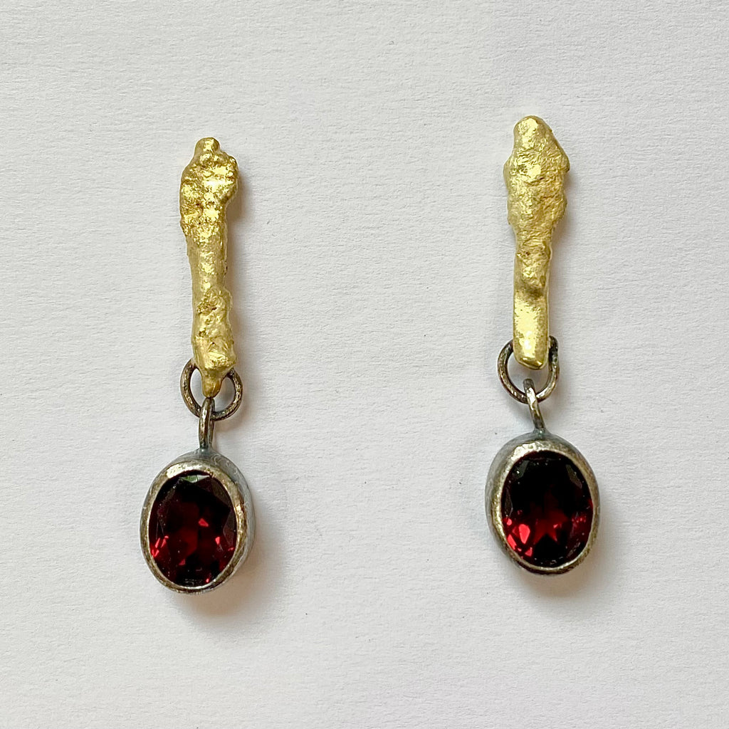 Gold Bar and Oxidised Silver Garnet Drop Earrings