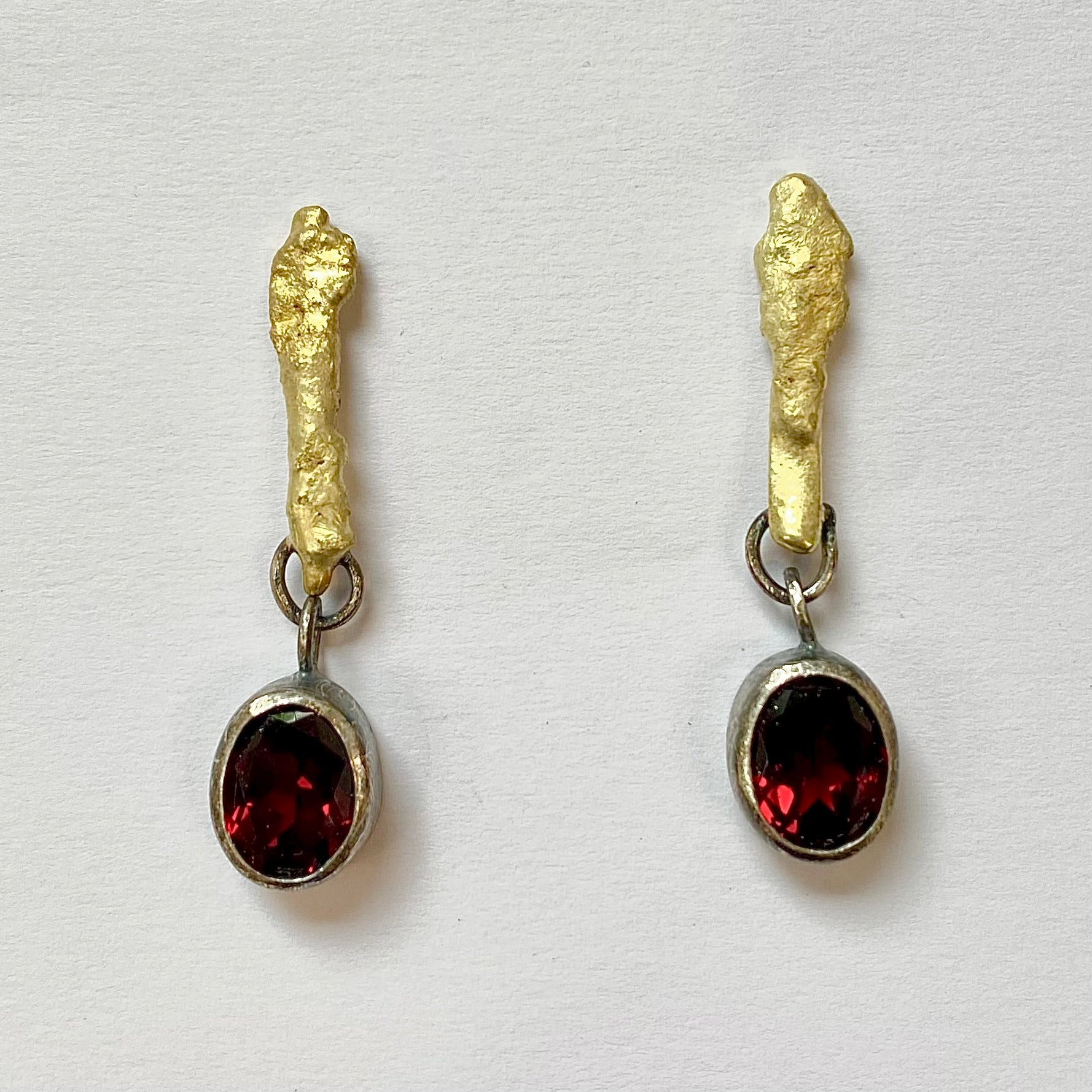 Gold Bar and Oxidised Silver Garnet Drop Earrings