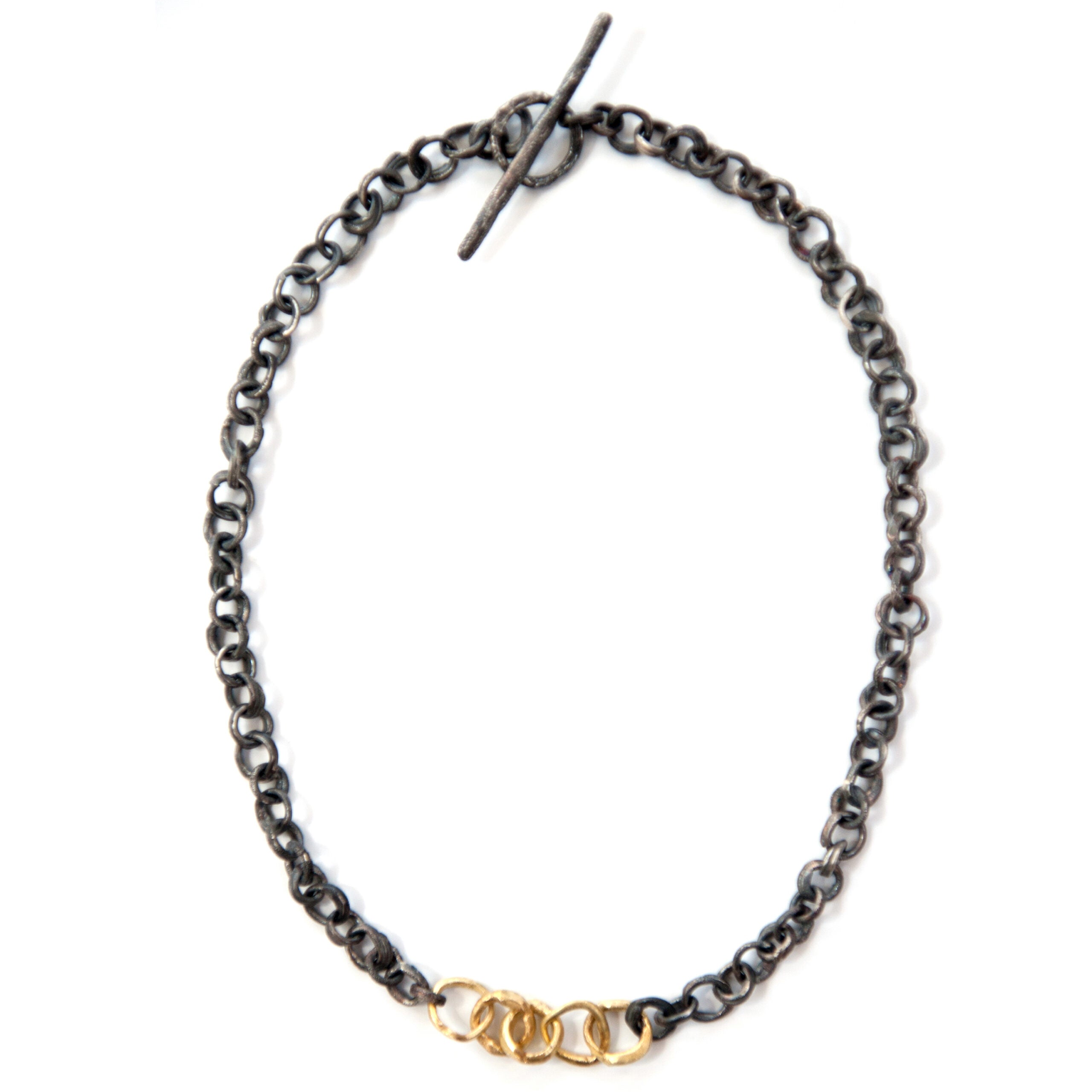 Five Gold Link Oxidised Silver Chain Necklace