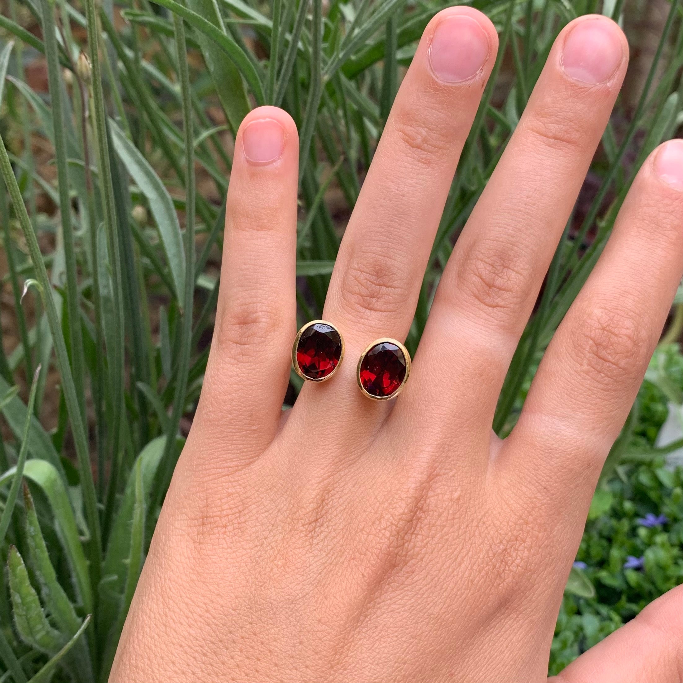 Double garnet wide gold ring by Disa Allsopp