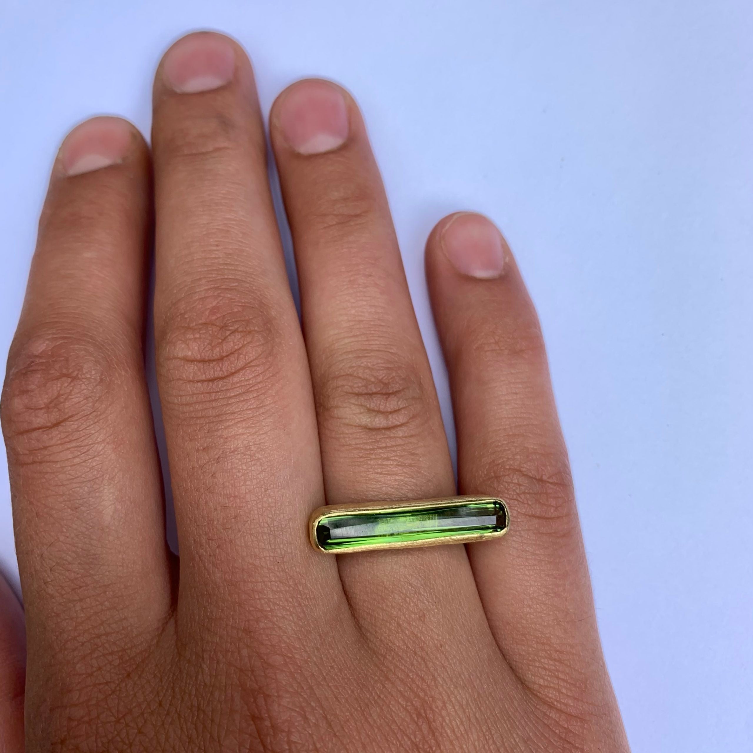 Long thin Green Tourmaline ring by Disa Allsopp