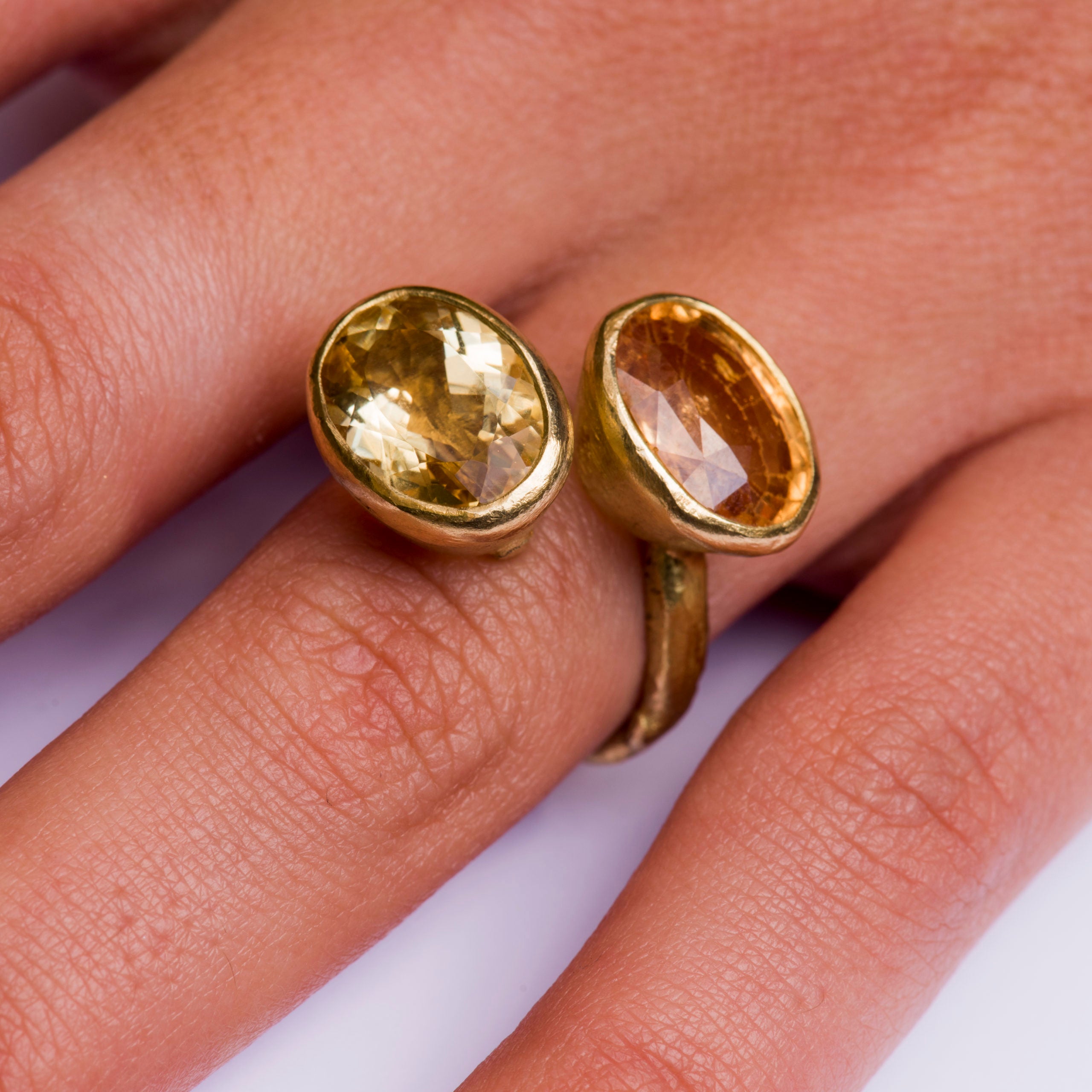 Hessonite garnet/yellow beryl double gold ring by Disa Allsopp
