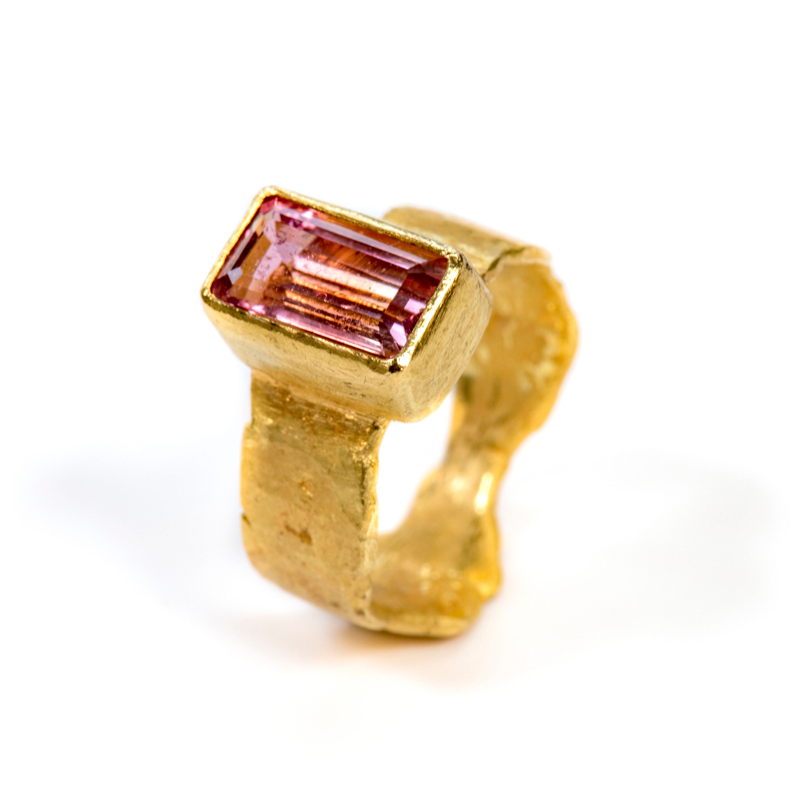 Pink Tourmaline Baguette Wide Gold Ring by Disa Allsopp