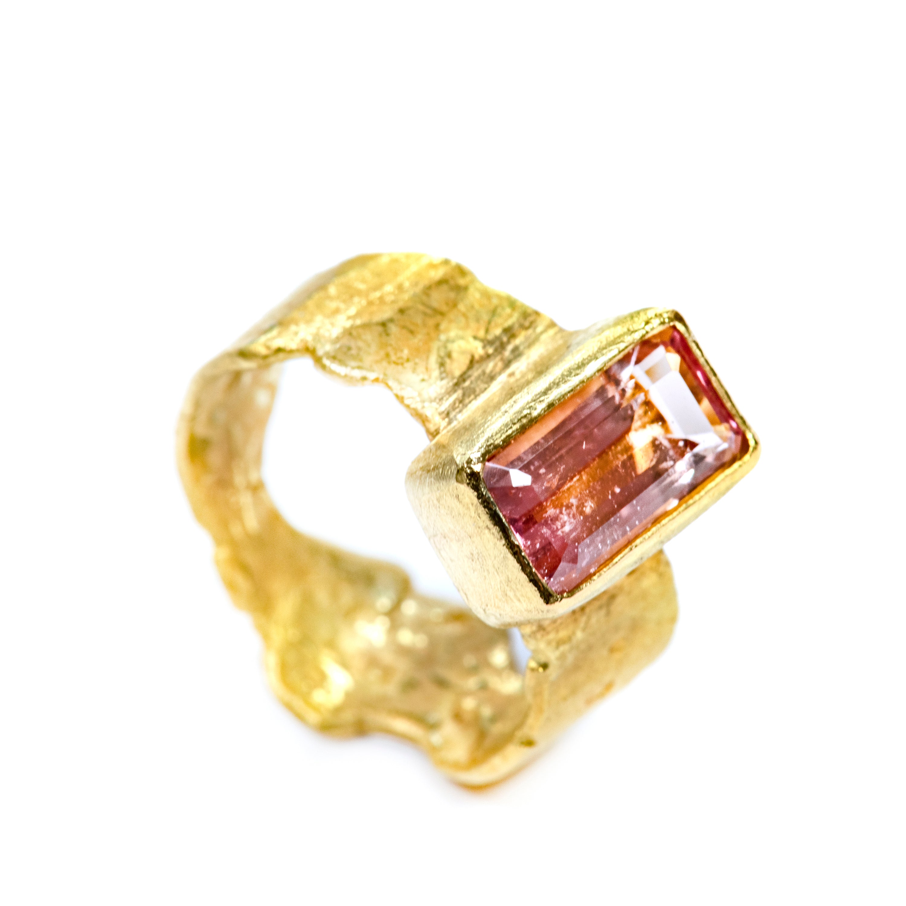 Pink Tourmaline Baguette Wide Gold Ring by Disa Allsopp