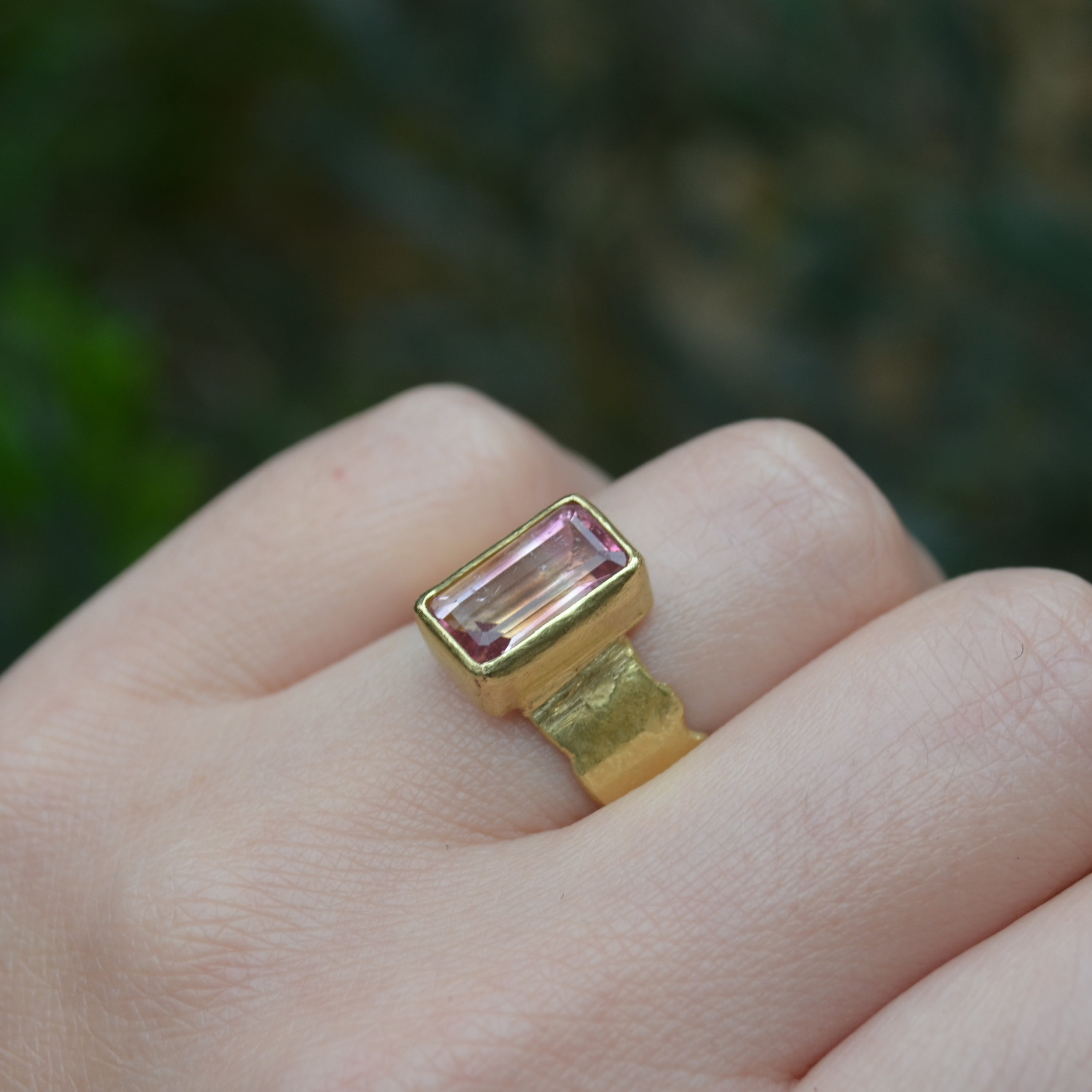 Pink Tourmaline Baguette Wide Gold Ring by Disa Allsopp