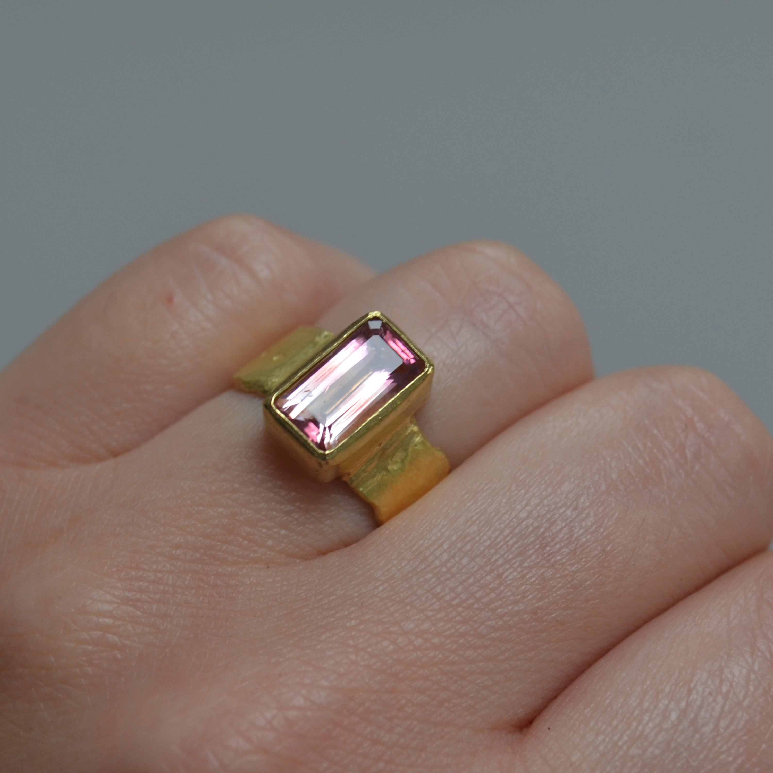 Pink Tourmaline Baguette Wide Gold Ring by Disa Allsopp