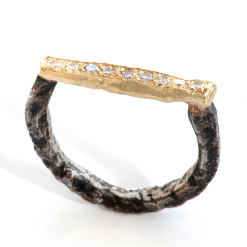 Gold, Diamond & Oxidised Silver Horseshoe Ring