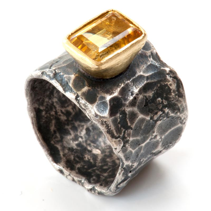 Gold Set Yellow Beryl Wide Oxidised Ring