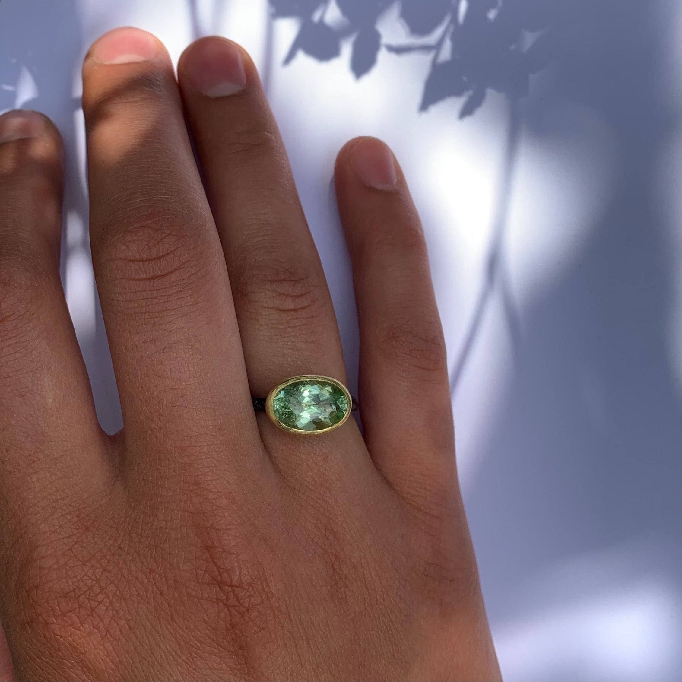 Gold Set Mint Tourmaline Oxidised Ring by Disa Allsopp