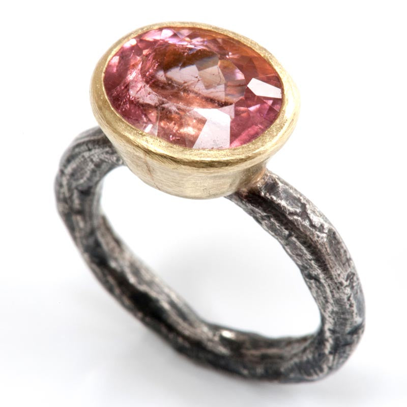 Gold Set Pink Tourmaline Oxidised ring