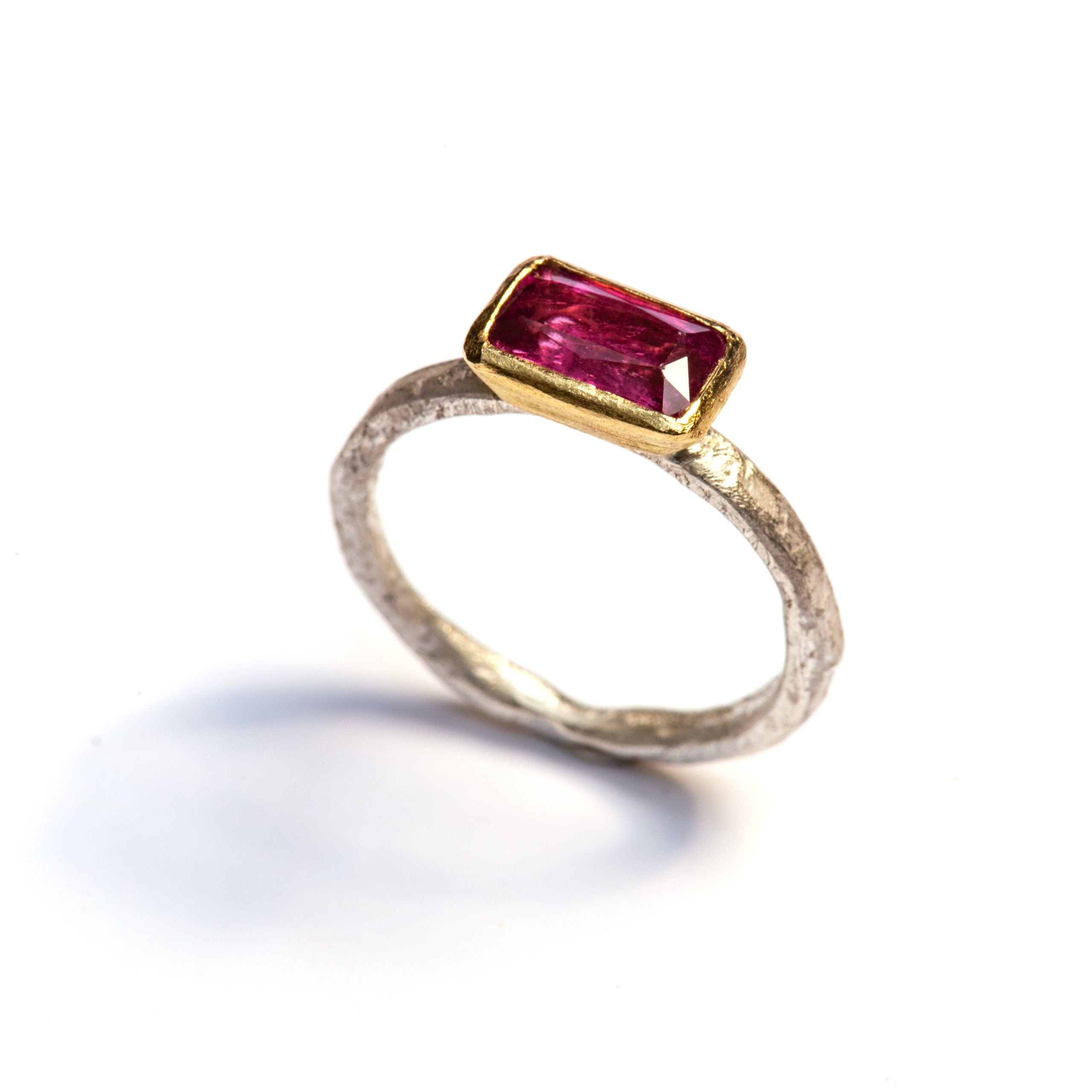 Gold-set Rectangular Pink Tourmaline ring by Disa Allsopp