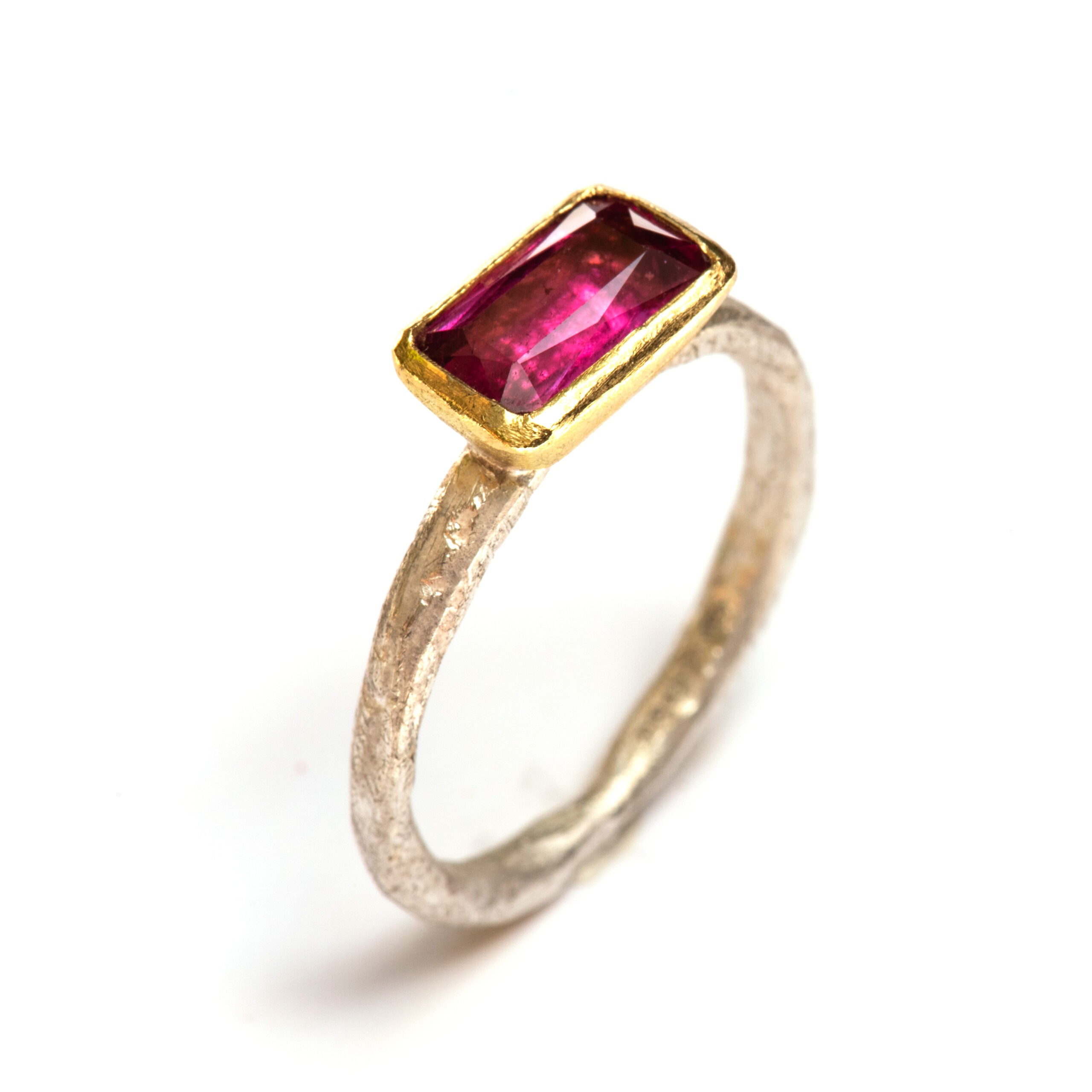 Gold-set Rectangular Pink Tourmaline ring by Disa Allsopp