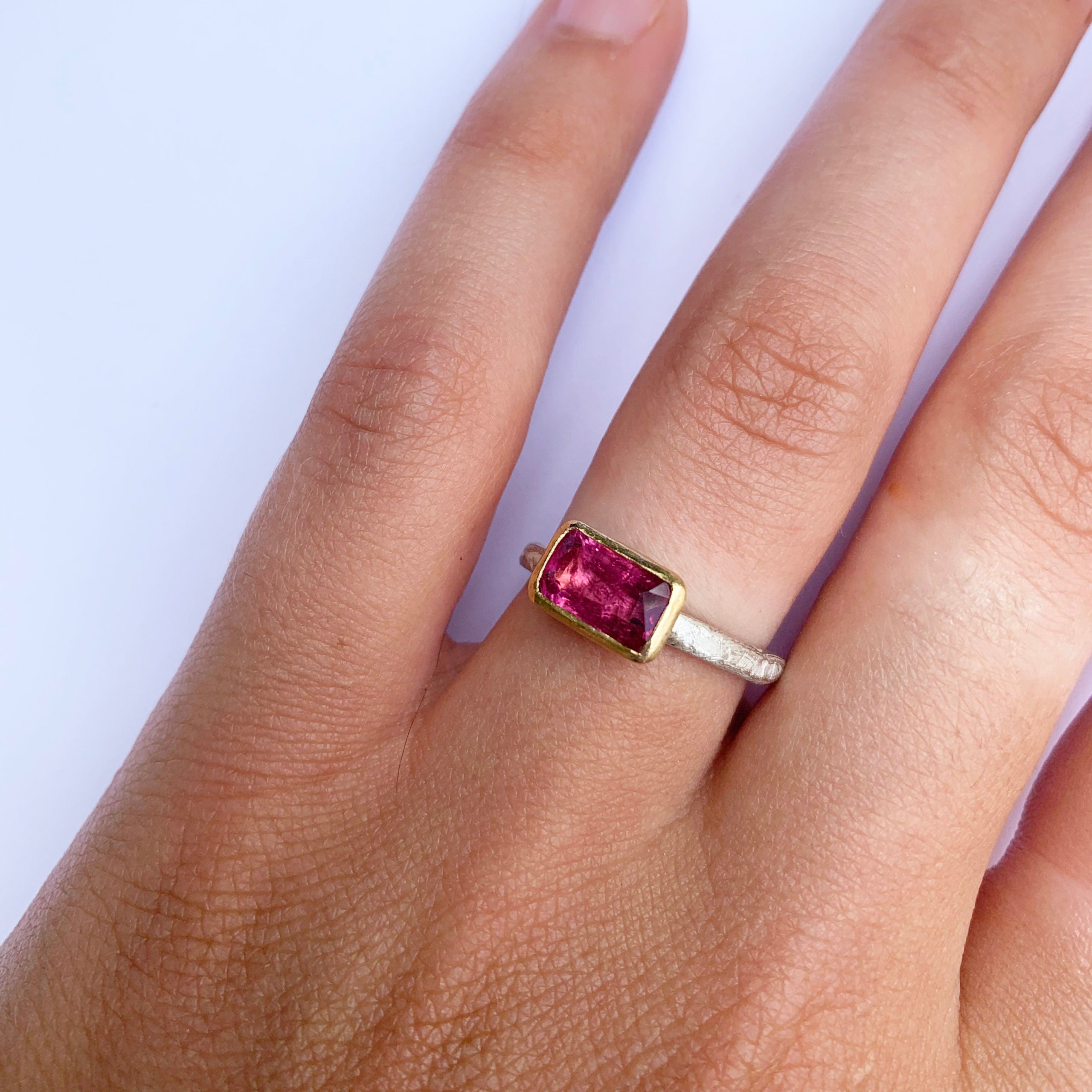 Gold-set Rectangular Pink Tourmaline ring by Disa Allsopp