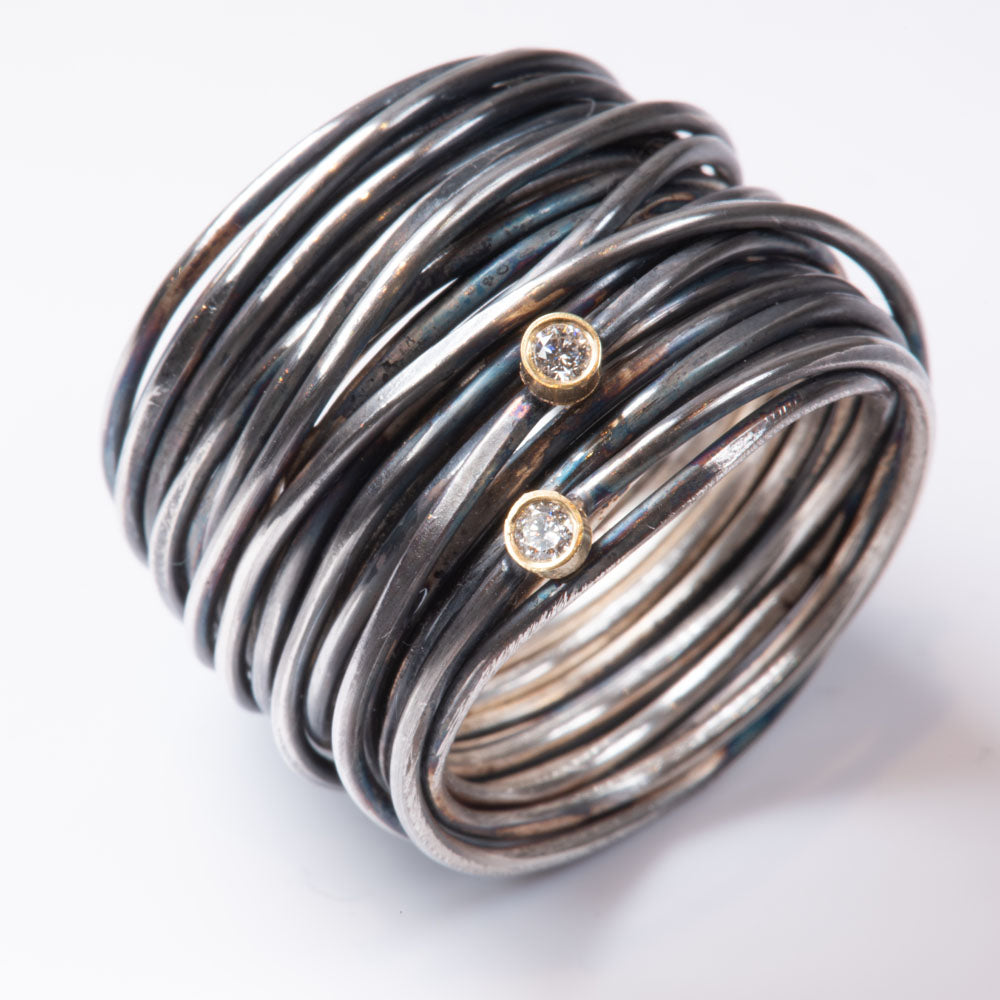 Two Diamond Oxidised Grande Spaghetti Ring by Disa Allsopp