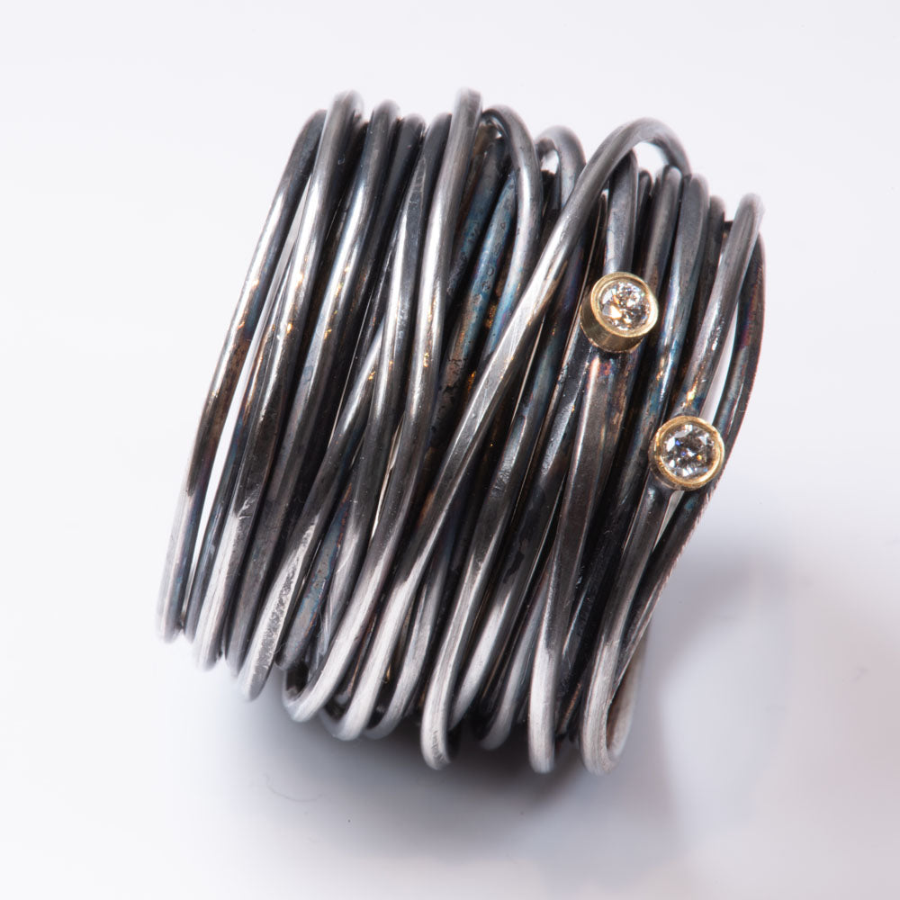 Two Diamond Oxidised Grande Spaghetti Ring by Disa Allsopp