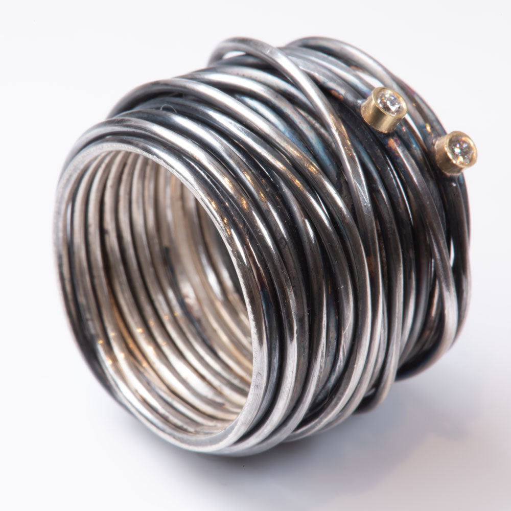Two Diamond Oxidised Grande Spaghetti Ring by Disa Allsopp