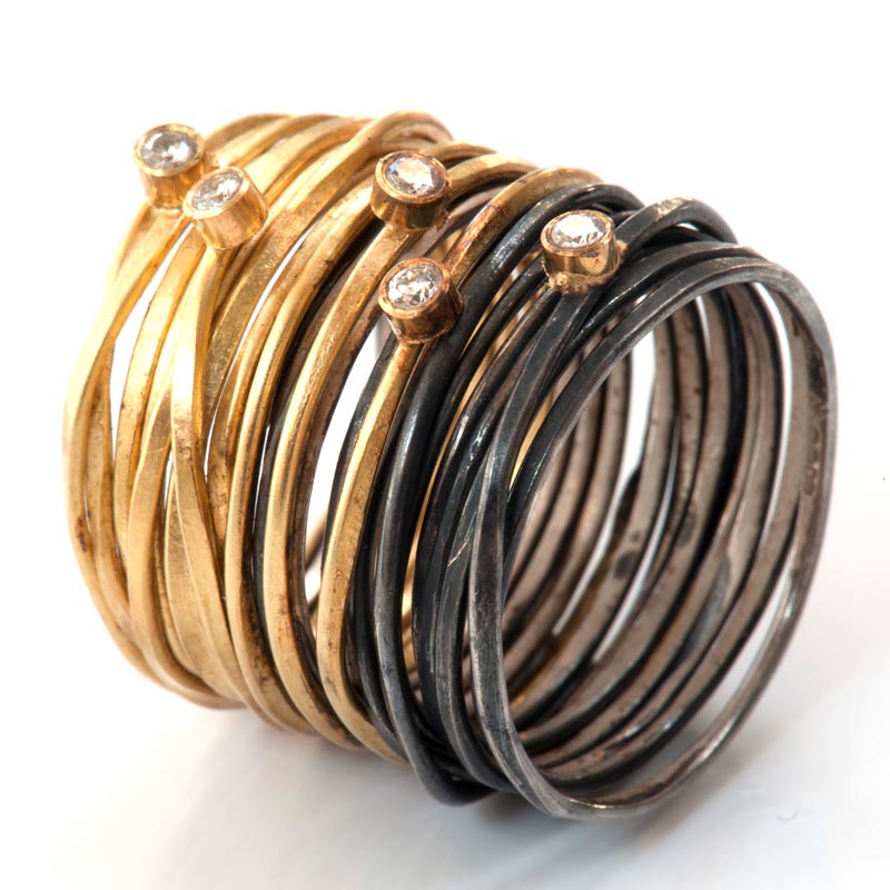 Five Diamond 18k Gold and Oxidised Spaghetti Ring by Disa Allsopp