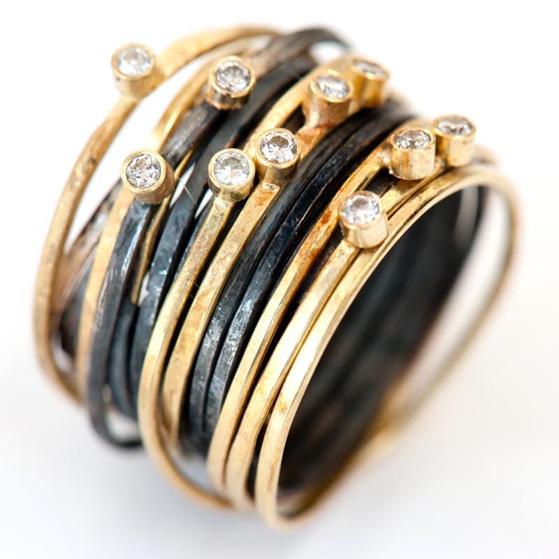 Seven Gold Strand, Ten Diamond Oxidised Spaghetti Ring
