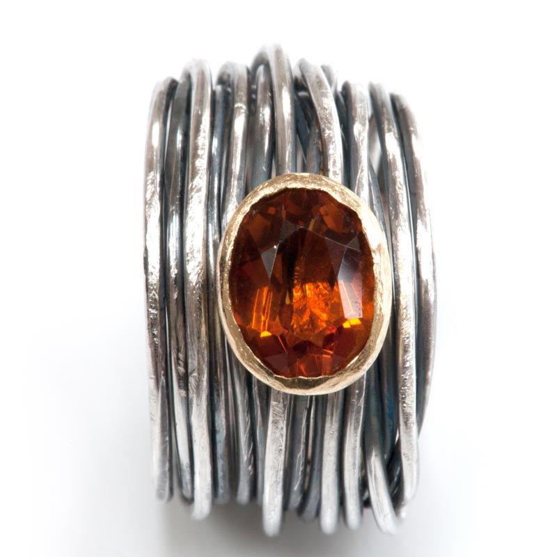 Gold Set Citrine Oxidised Spaghetti Ring