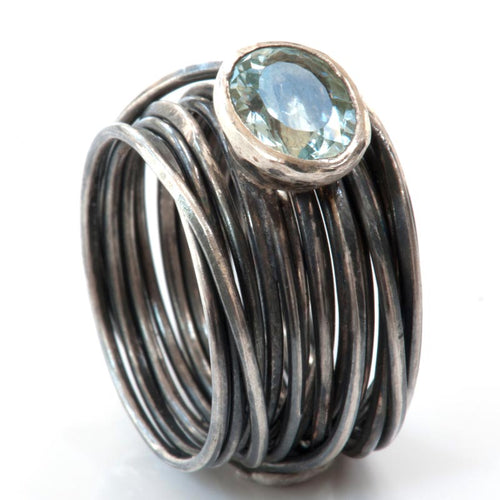 Aquamarine Oxidised Spaghetti Ring