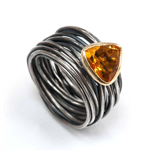 Trapeze Citrine Oxidised Spaghetti Ring