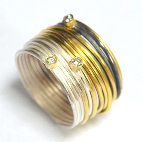 Six Gold Strand Three Diamond Spaghetti Ring