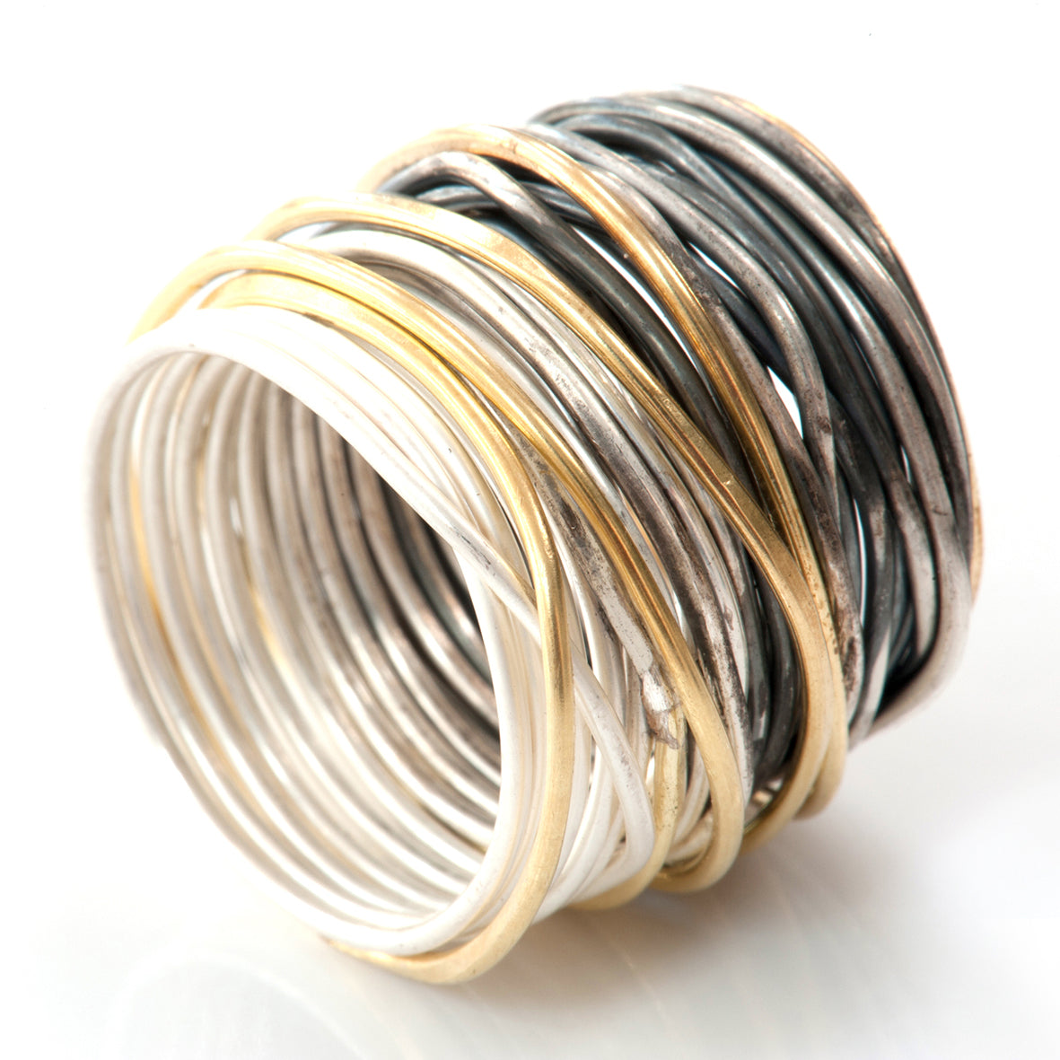Three Gold Strand Part Oxidised Grande Spaghetti Ring